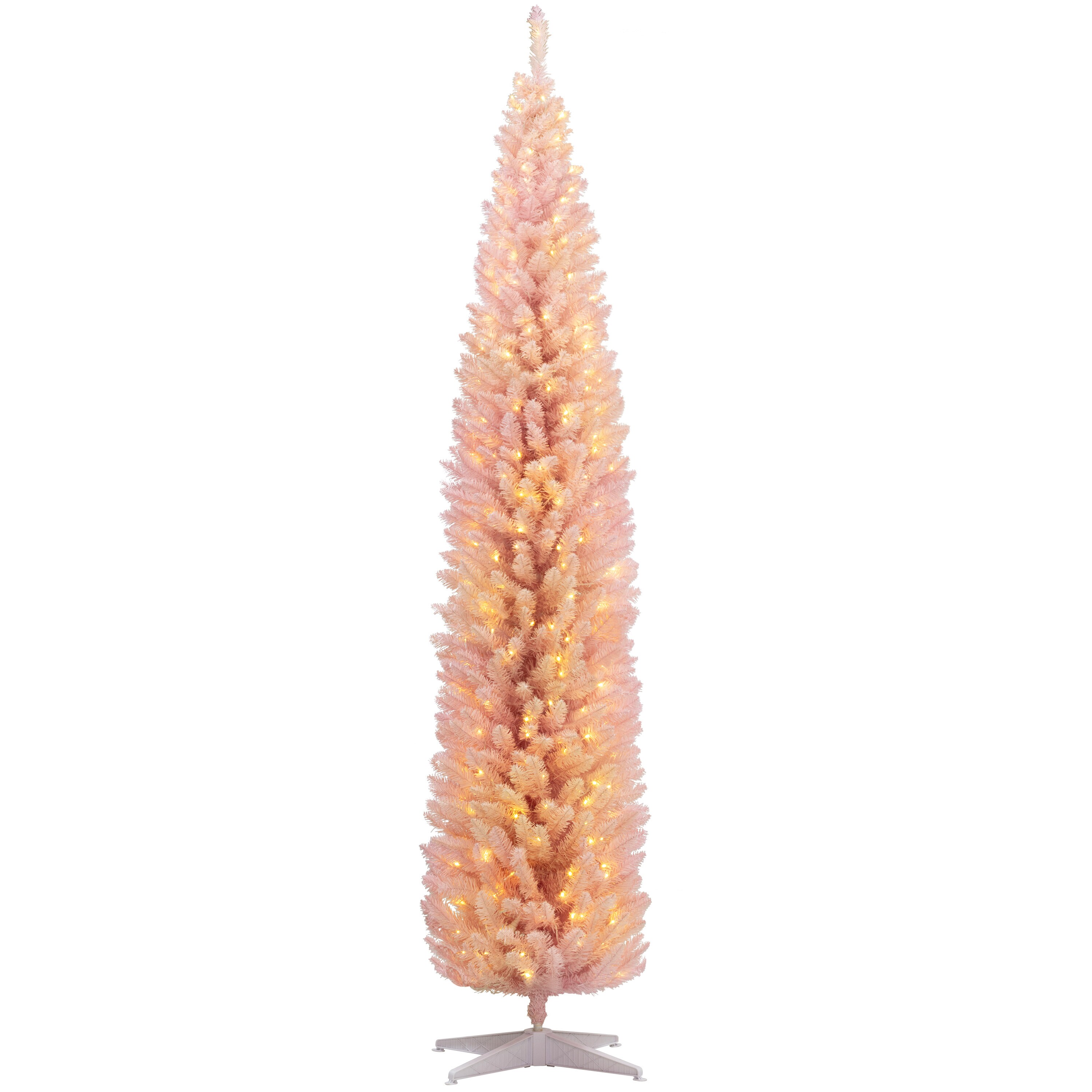 Tatayosi JL-249658 8ft Tall Pre Lit Slim Noble Fir Artificial Christmas Tree with 300 Warm White LED Lights and 618 Tips for Christmas