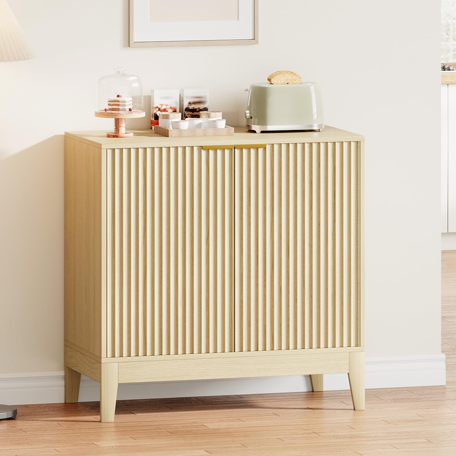 Lumberock HHH-PHK-34LND7WY 31.5-in Fluted Sideboard Buffet Cabinet Wooden Storage Cabinet with Doors and Adjustable Shelf Modern Coffee Bar for Living Room Dining Room Kitchen Entryway