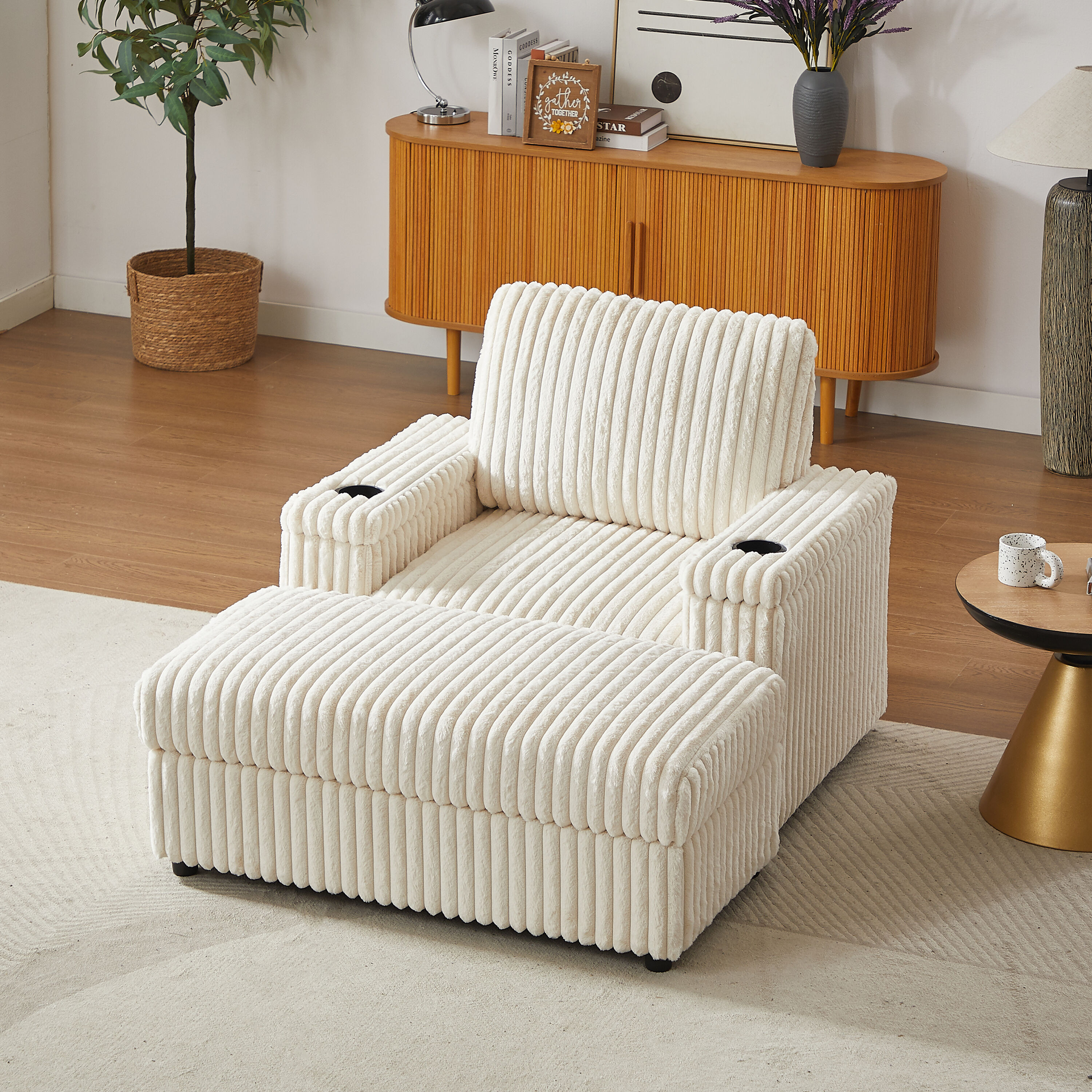 LUXEYARD - 42.5 inch corduroy single recliner with backrest pillow cup holder design storage foot...