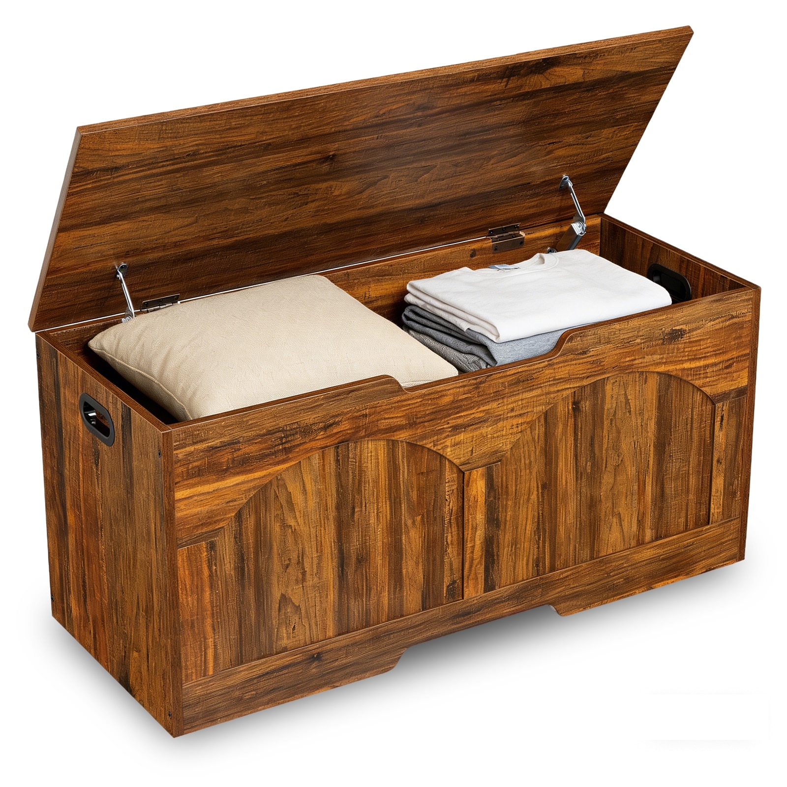GarveeLife Storage Bench 39.3 in Retro Wooden Storage Chest with U Shaped Cut Out Pull Safety Hinge Supports 300 lb and Easy Assembly for Toy Box Organizer Brown