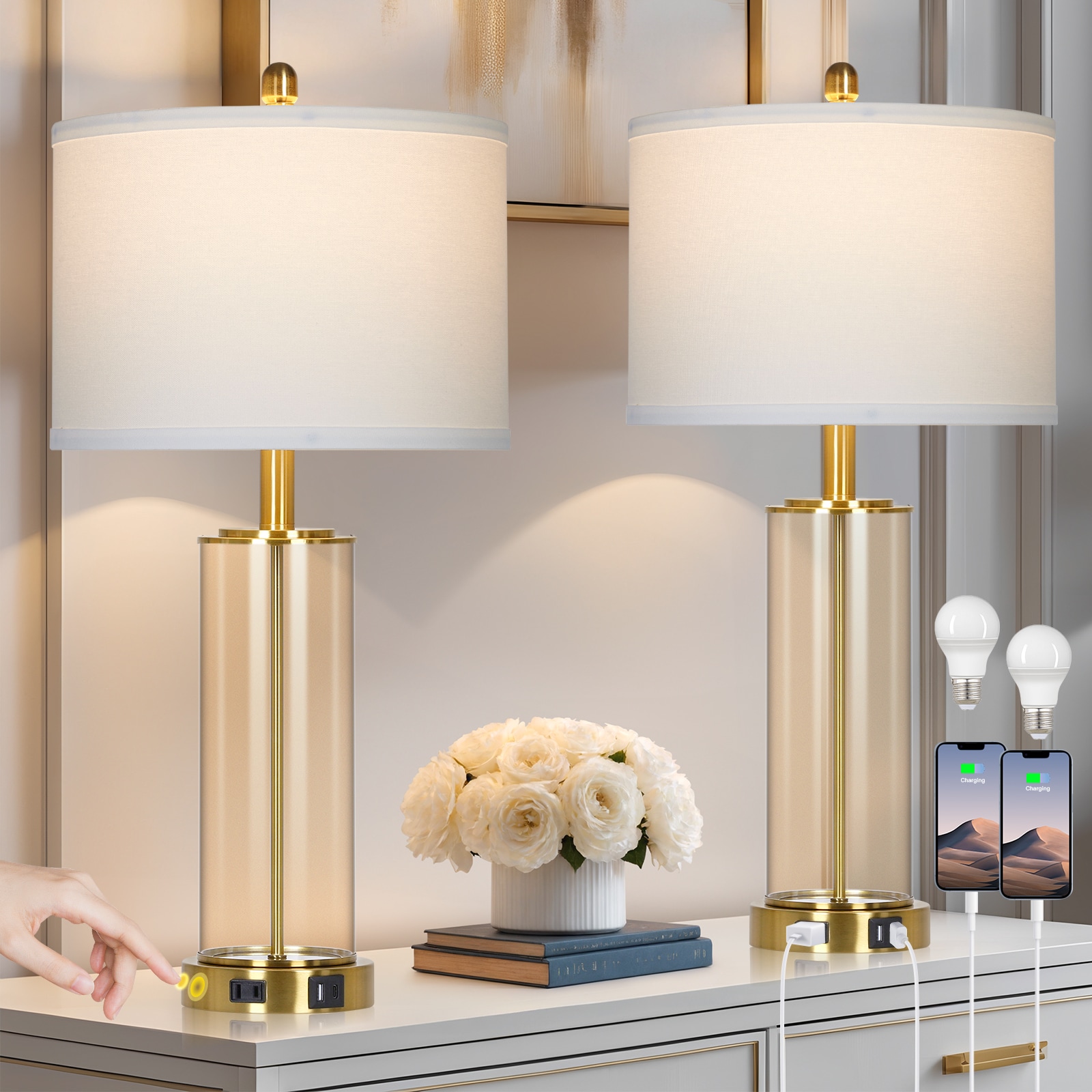 UrFurnishings Modern 26-in Clear LED Touch Table Lamp with Linen Shade