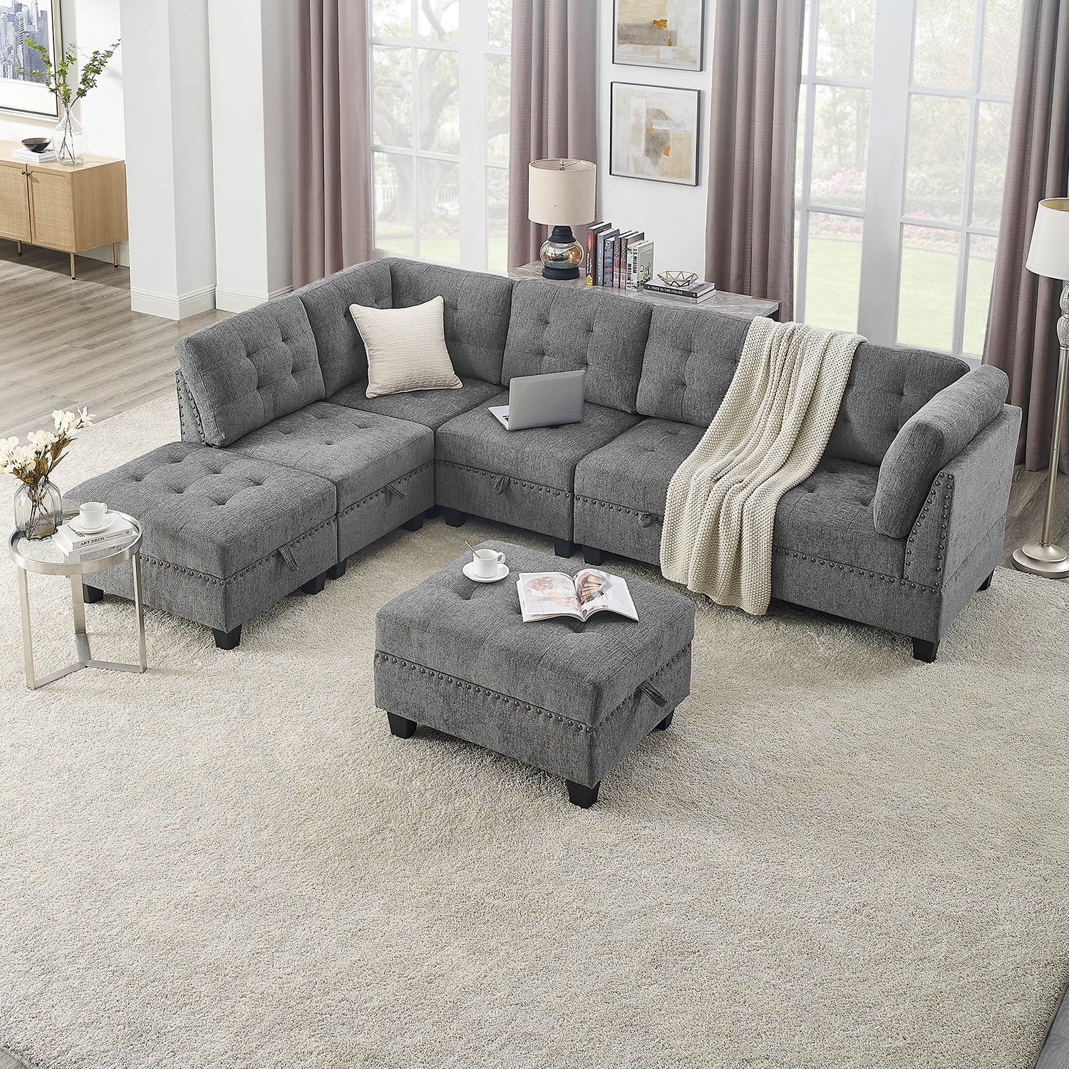 GZMR GZ-HH4S046 Chenille Modular Sectional Sofa with Ottoman 116-in Modern Gray Chenille 6+ -seater Reclining Sofa