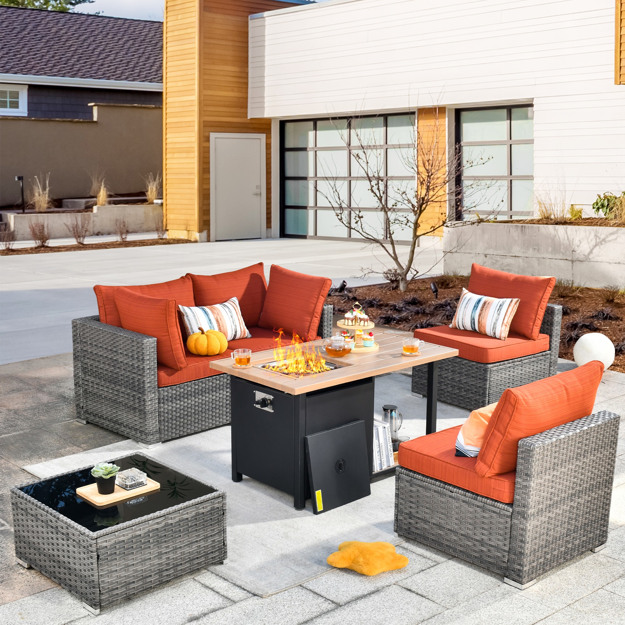 XIZZI XIHOPS8053-DFP Sunrise 6 -Piece Rattan Patio Conversation Set with Orange Cushions