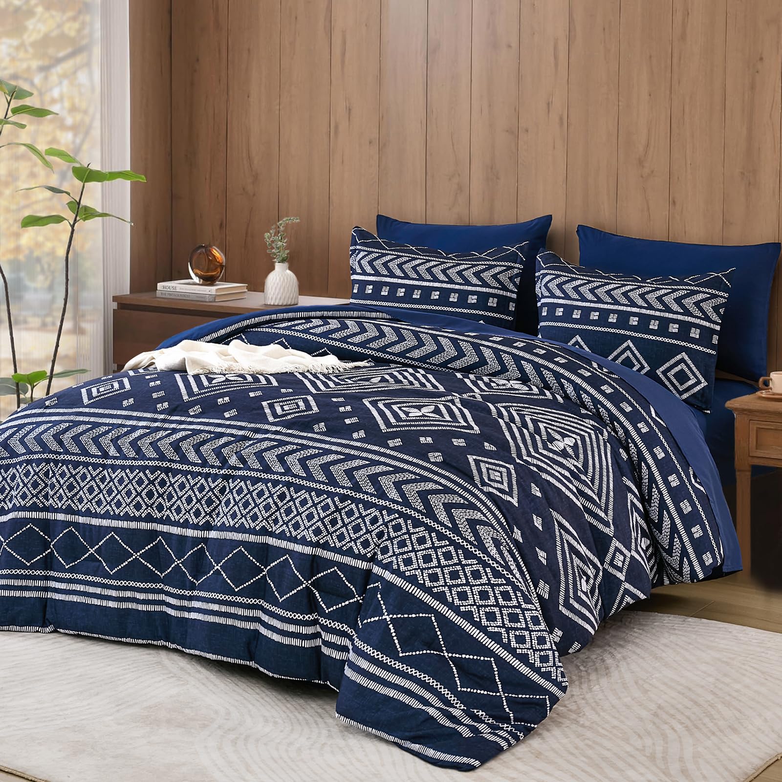 OMOMMD Navy Queen 90x90 in 7 Piece Boho Aztec Striped Bed In A Bag Soft Microfiber Bedding Set All Season #5749848217175