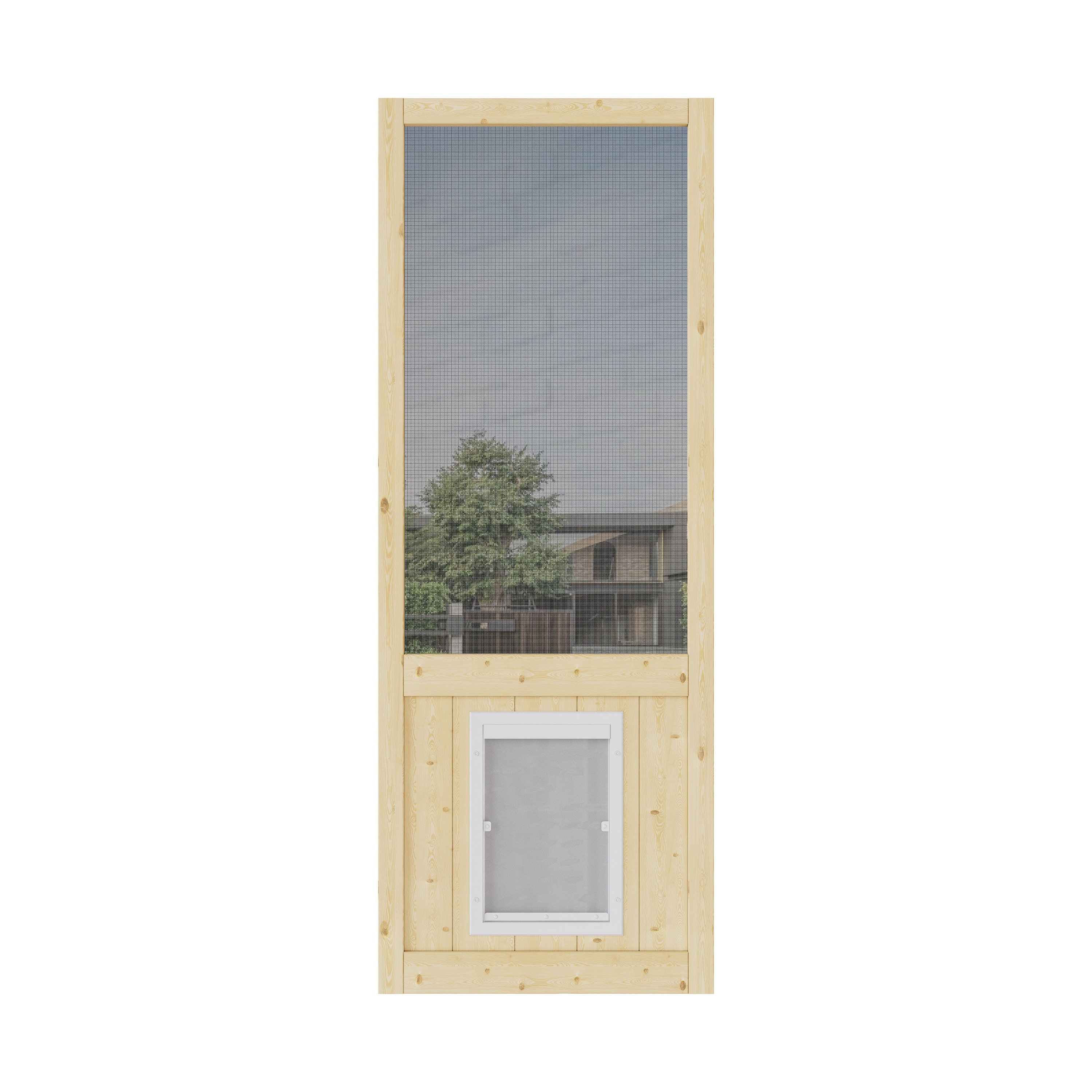 JUJUBON EX-SDPN-DW-30 screen door 30-in x 80-in pine Wood Hinged Single Screen door with Pet Door