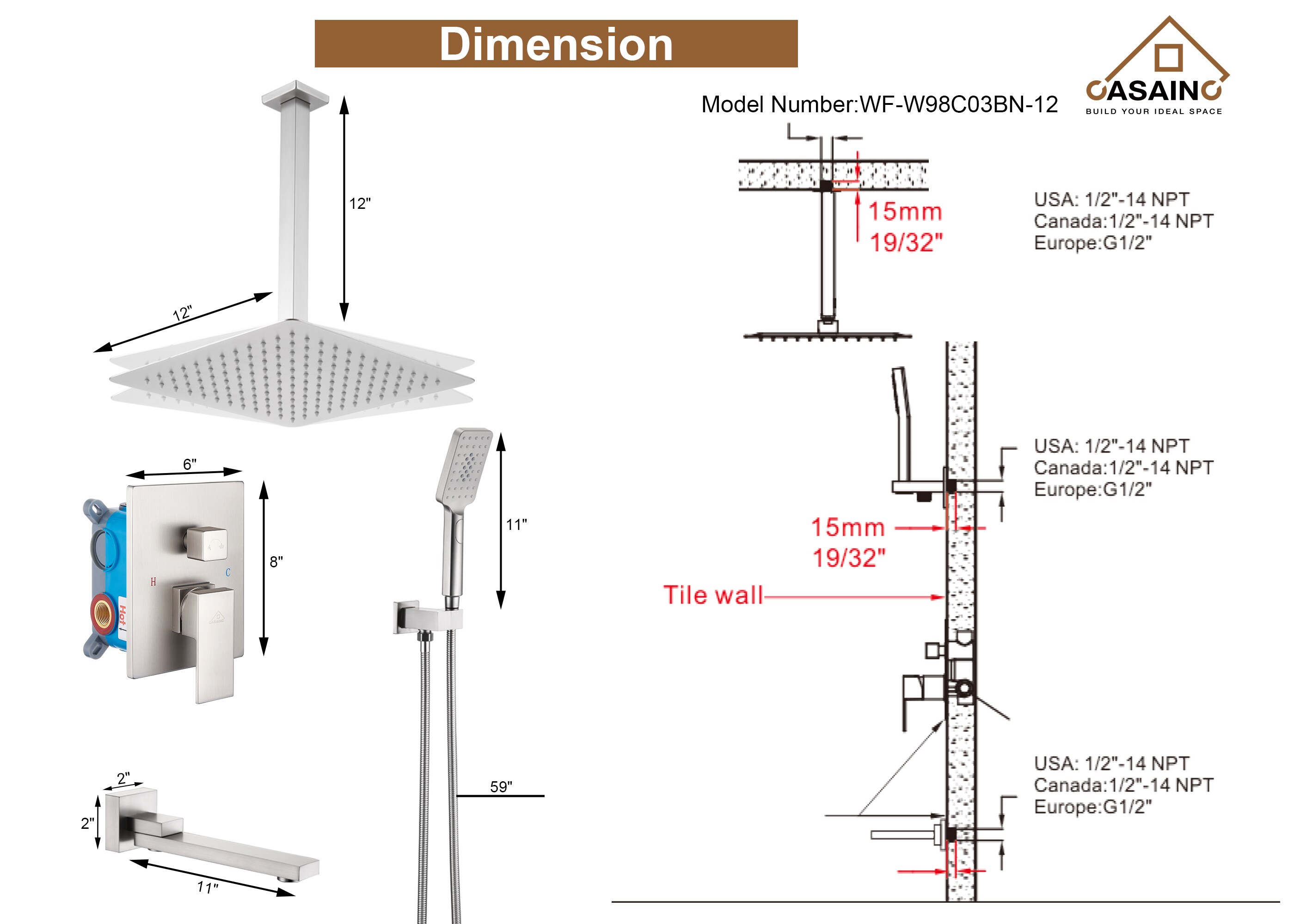 Brushed Nickel Ceiling Mounted Rain Shower System with Handheld