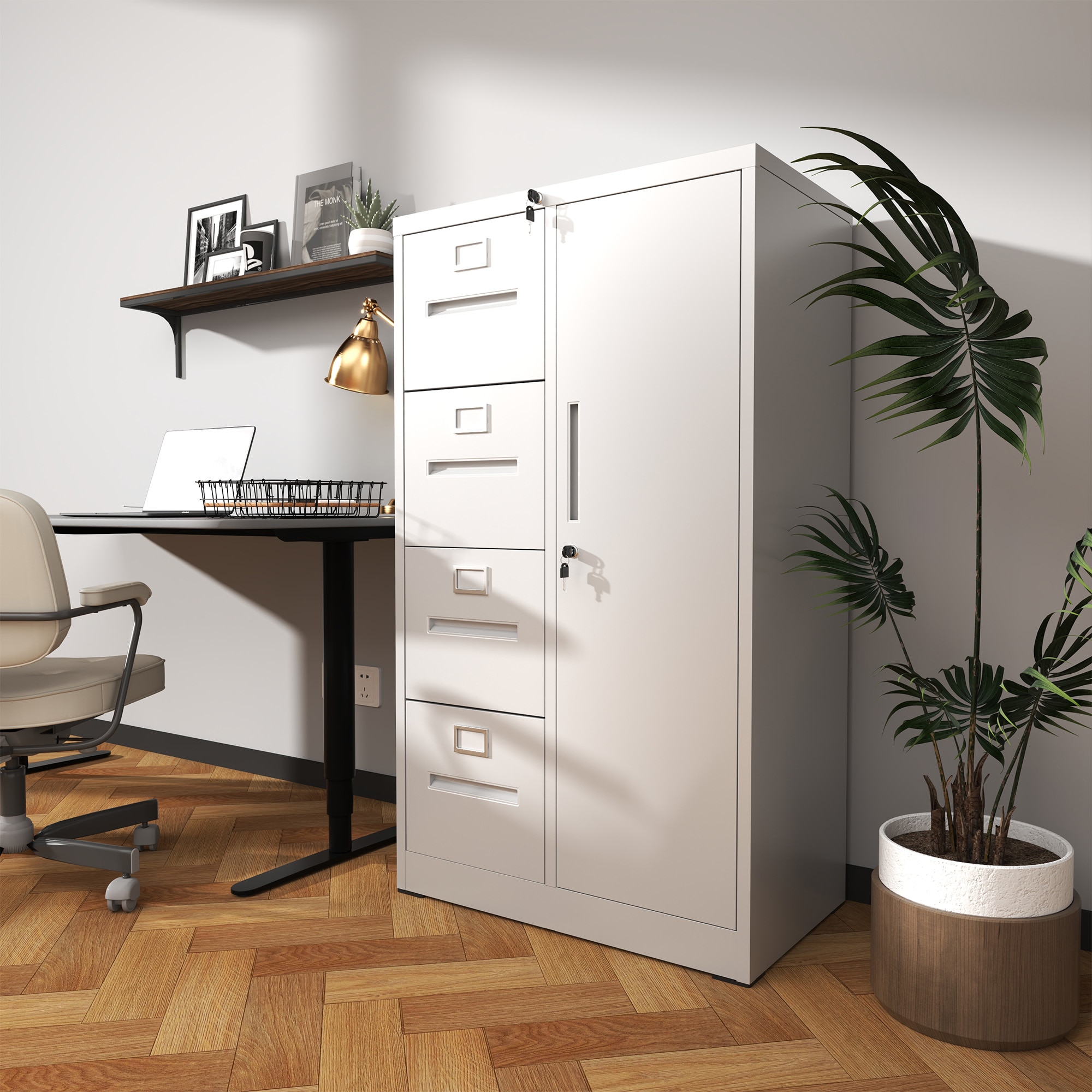 Dexmalle  White Metal Vertical Storage Filing Cabinet with Lock and 4 Drawers and 1 Door