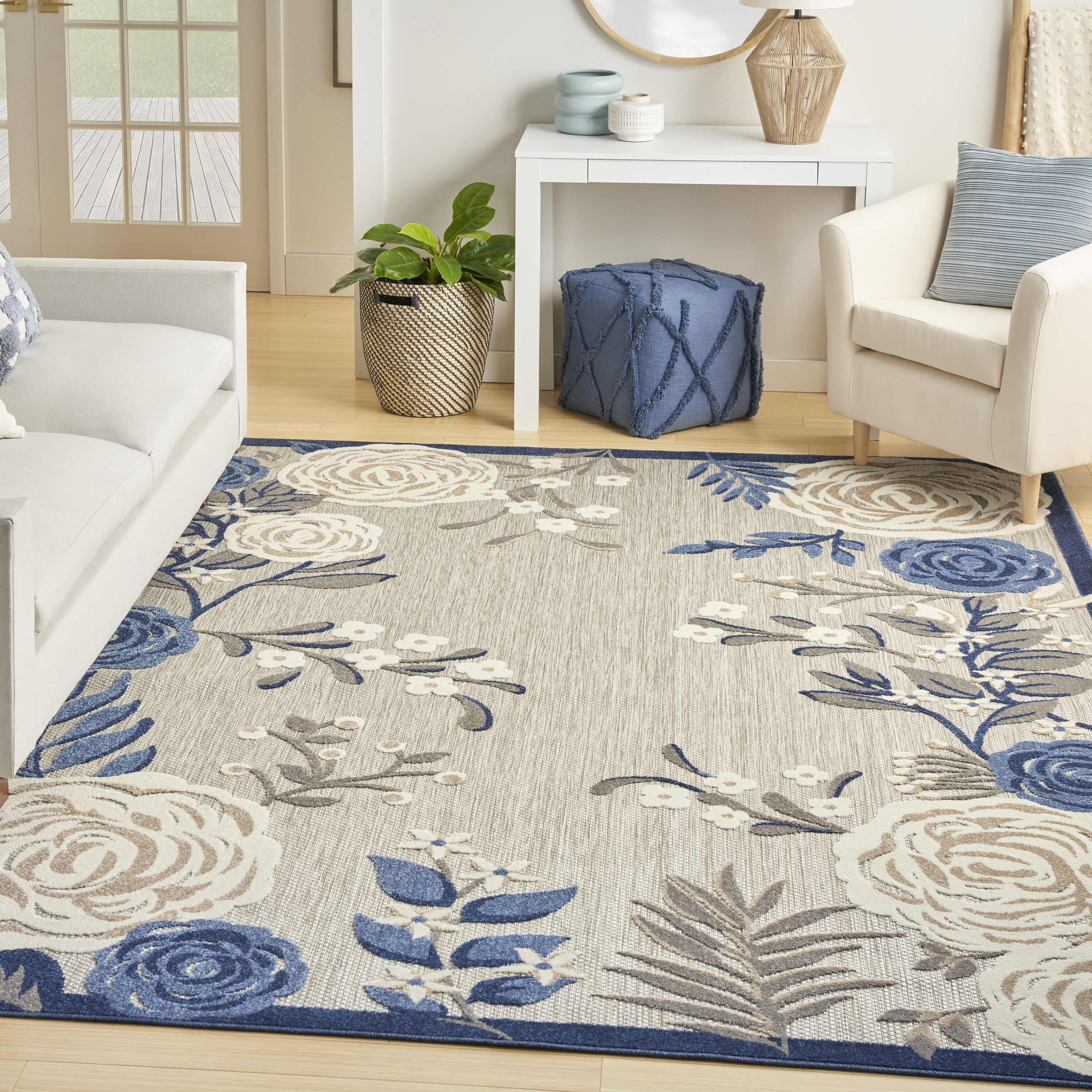 Nourison 099446169877 Aloha 8 x 11 (ft) Loomed Polypropylene Blue Grey Rectangular Indoor/Outdoor Floral/Botanical Tropical Area rug