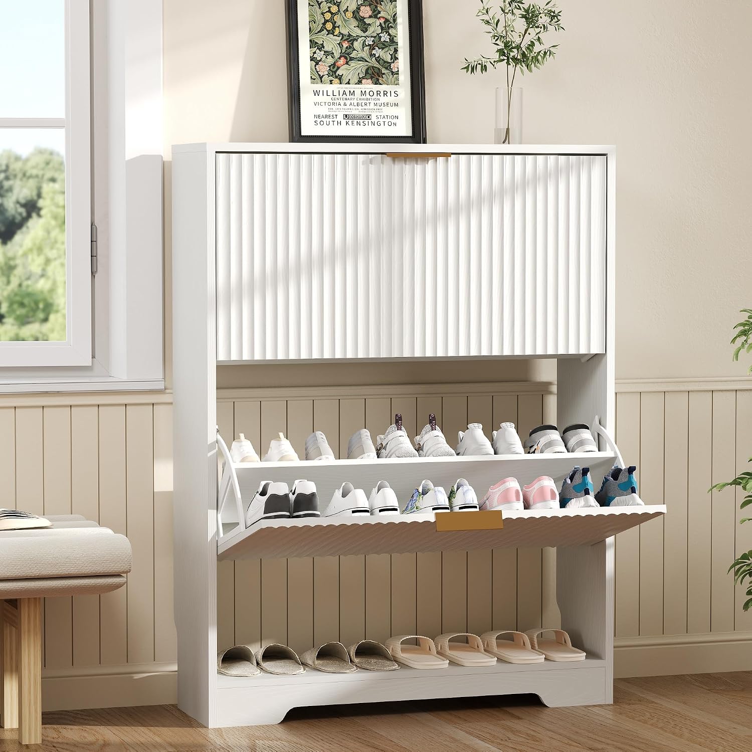 GAOMON Shoe Storage Cabinet with 2 Flip Drawers - Slim Fluted Shoe Rack Organizer - Narrow Hidden Shoe Cabinet for Entryway Hallway Foyer - White