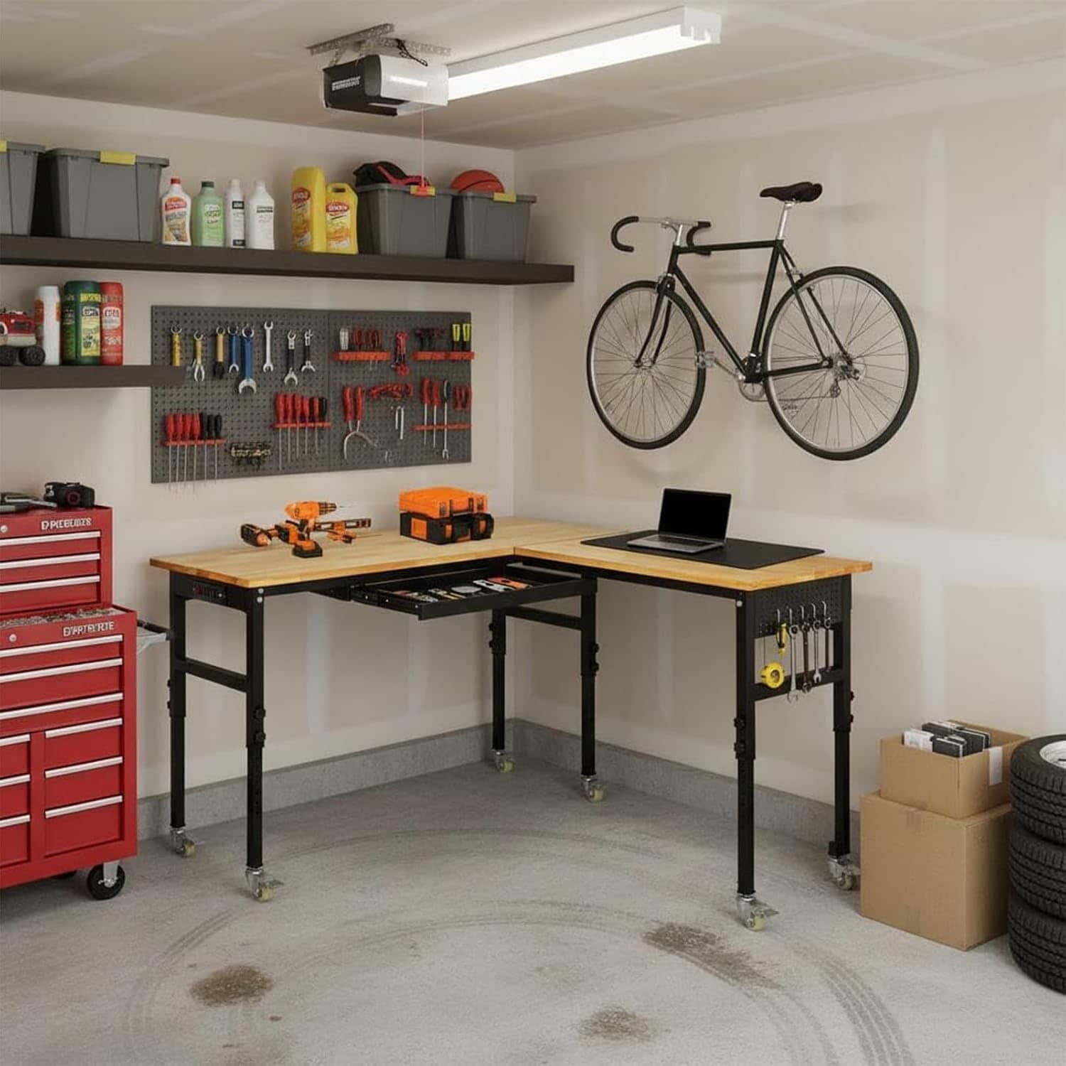 GAOMON 60 + 60 Inch L Shaped Workbench with Wheels Heavy Duty 2000 LBS Garage Work Table Adjustable Height Power Outlet Drawers Pegboard Rubber Wood Top Workshop Desk Sansujyuku sansujyuku.com