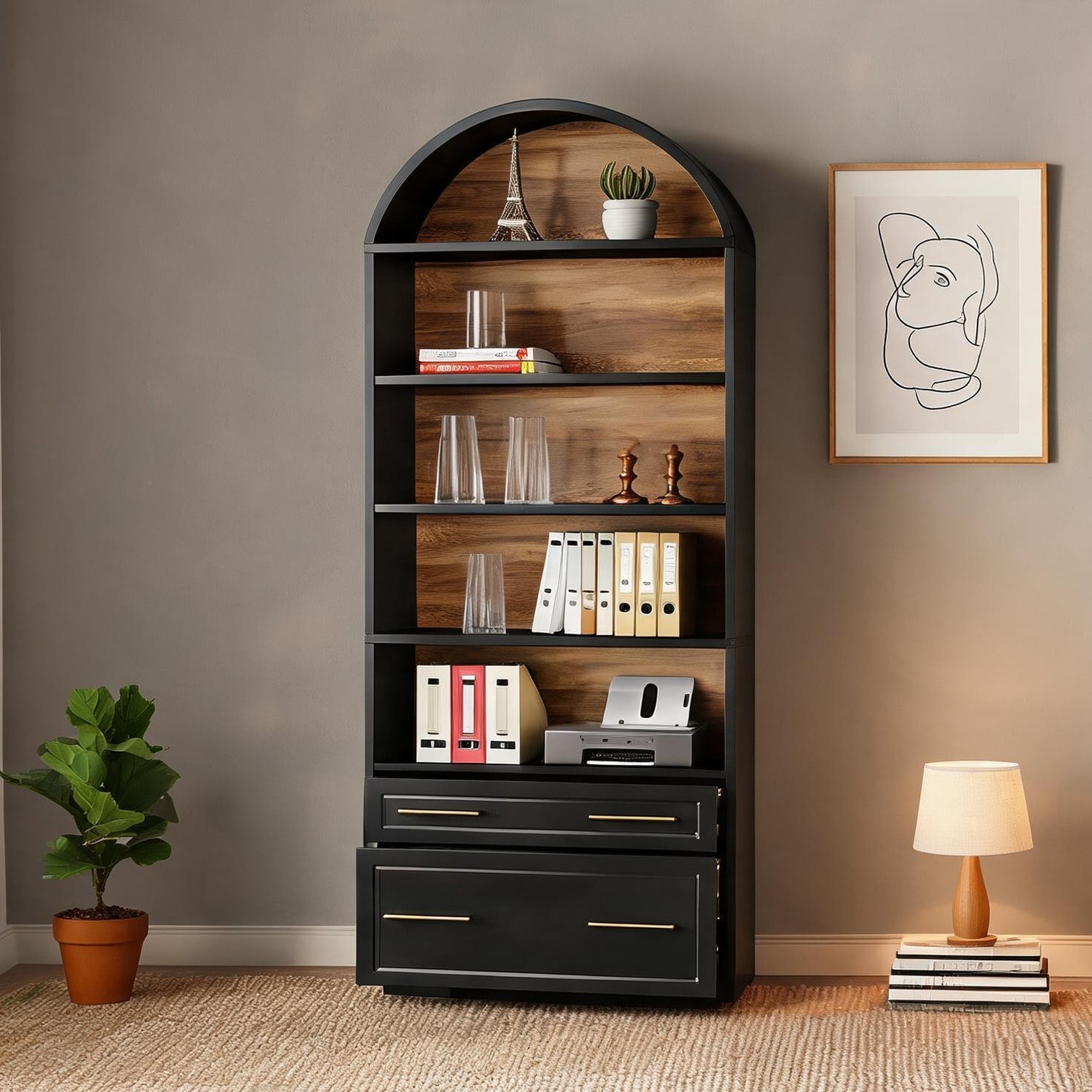 FlowLuxe Classic Black Arched Bookcase Engineered Wood 5-Tier Storage Shelf with Drawers Modern Freestanding Display for Home Office