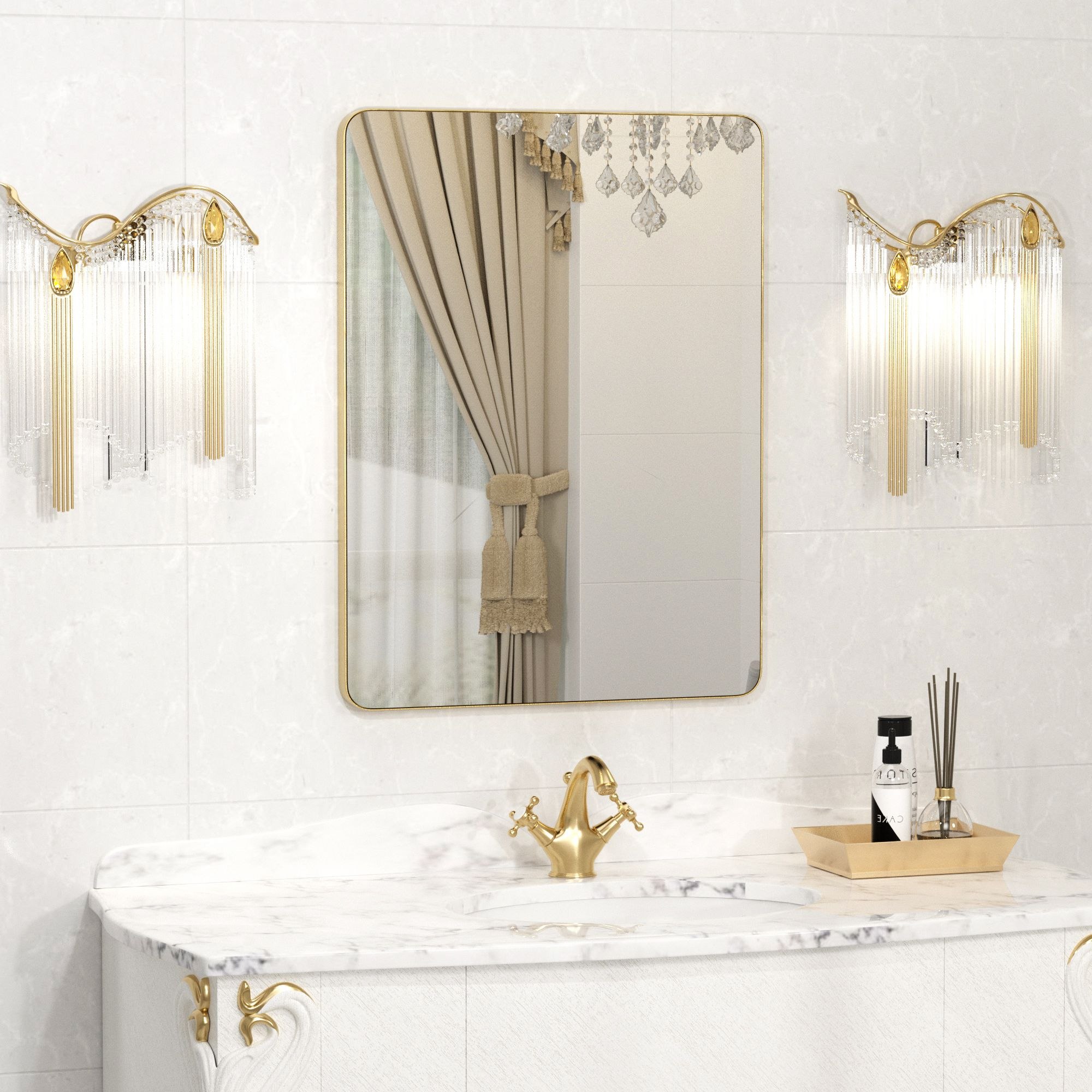 PRIMEPLUS - 22-in W x 30-in H Brushed Gold Modern Aluminum Framed Wall Mirror