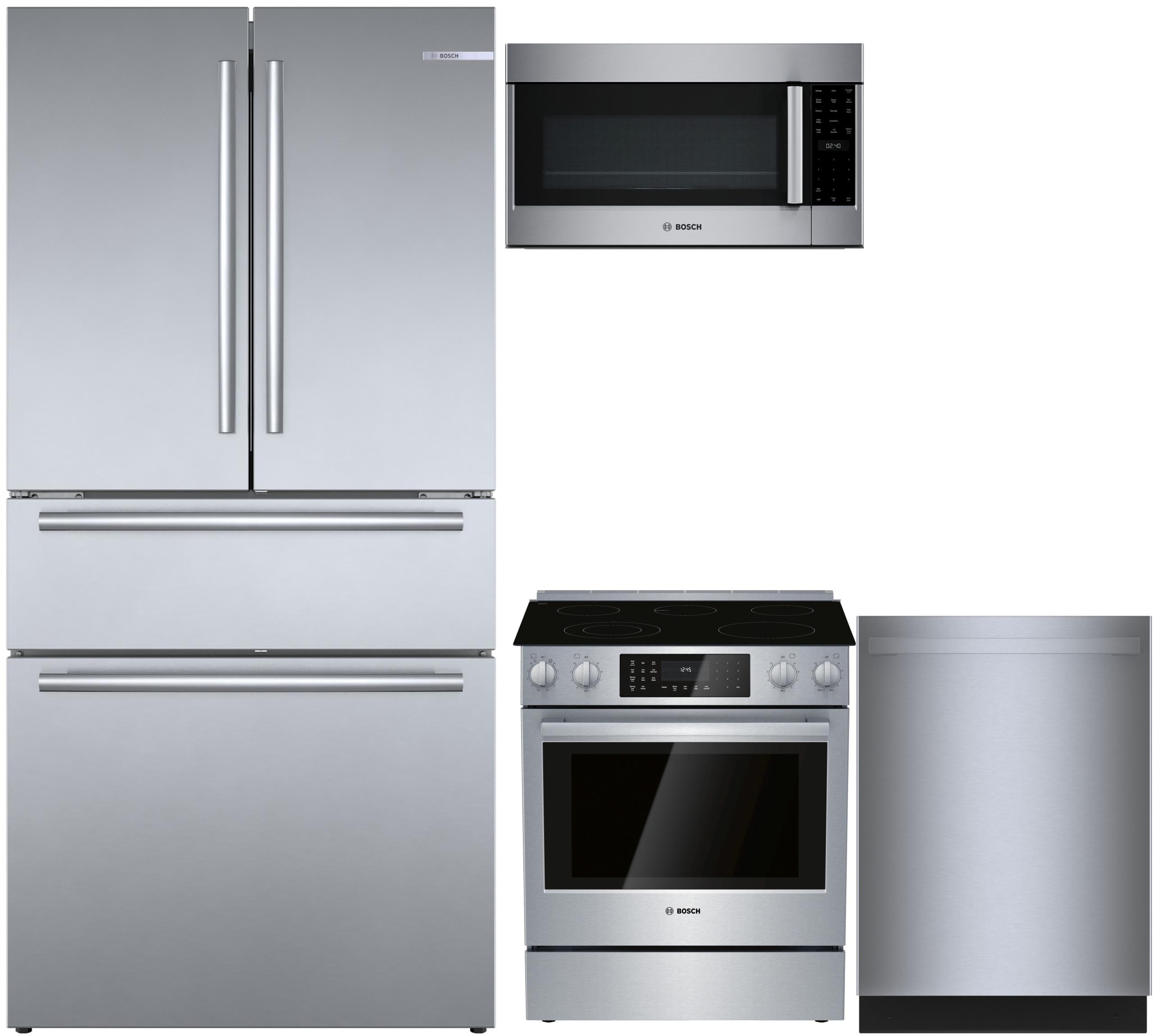 Bosch  800 Series Stainless Kitchen Suite with Counter-Depth 21-cu ft 4 -Door French Door Refrigerator, 30-in Glass Top 5 burners 4.6-cu ft Convection Oven Slide-In Electric Range, 1.9-cu ft 30-in Over-the-Range Convection Microwave and 24-in Top Control Built-in Dishwasher With Third Rack