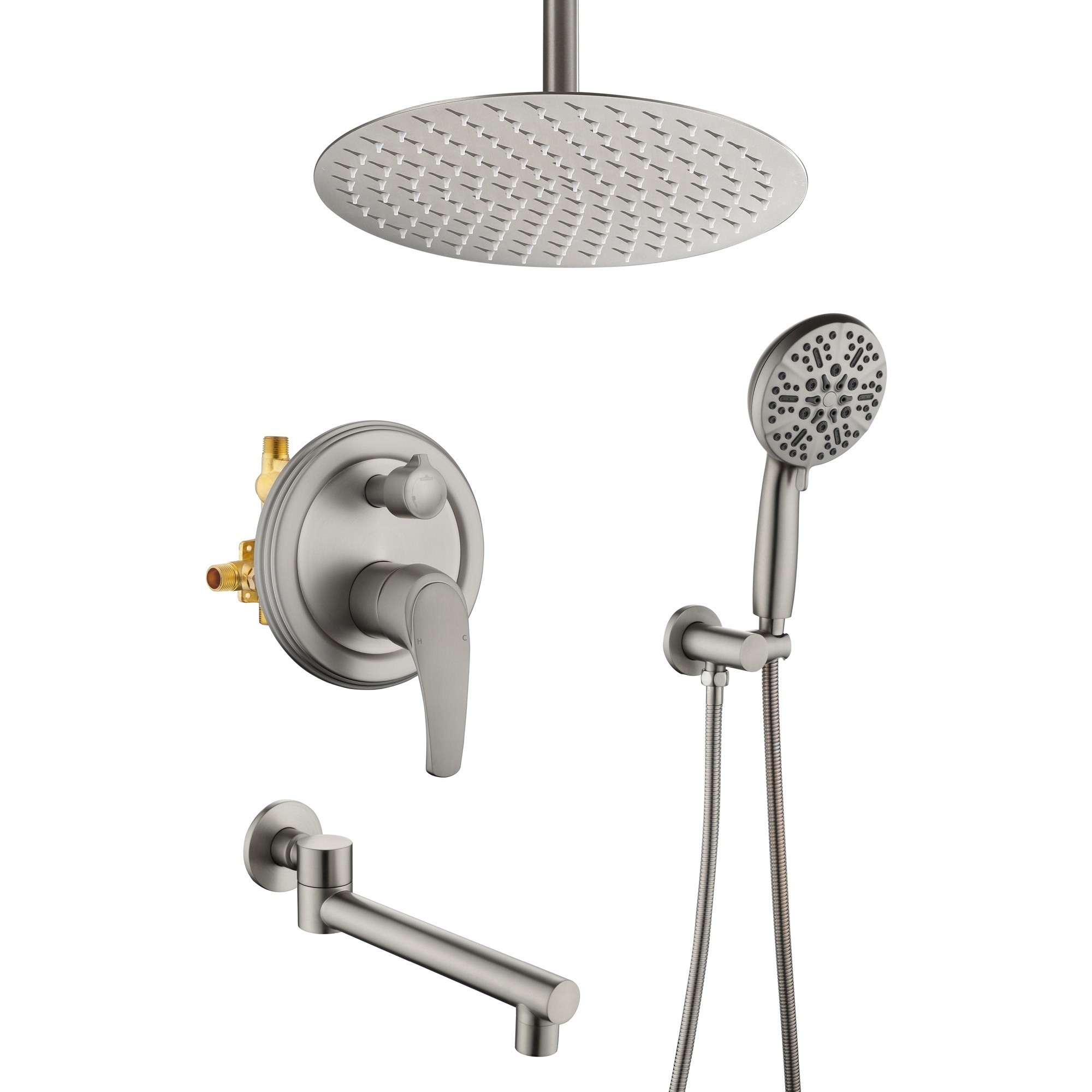 Boyel Living - Brushed Nickel 12-Inch Rain Shower System Brass SUS304 3-Function Valve 7-Function...