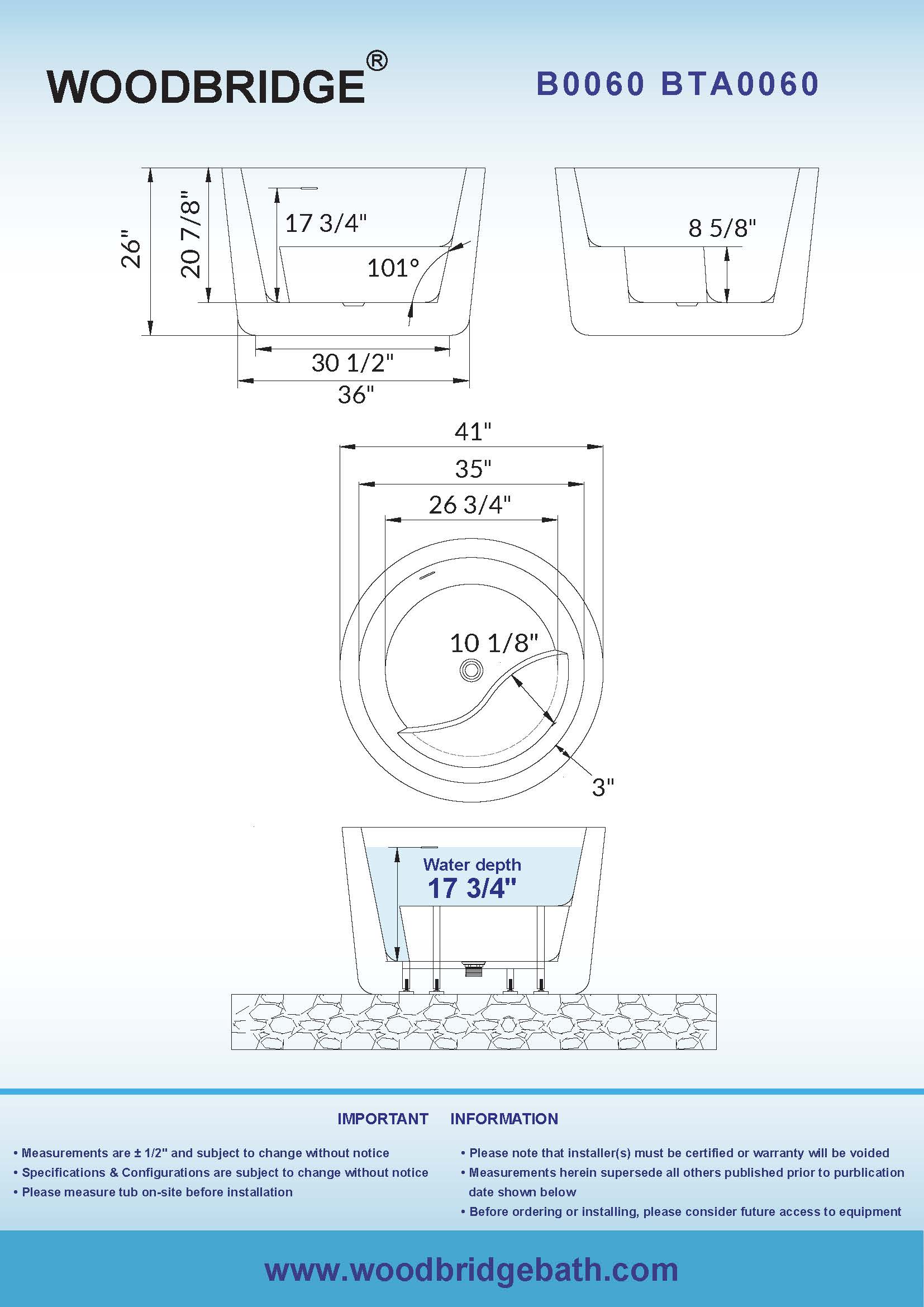 41'' Round White Acrylic Freestanding Bathtub with Matte Black Drain