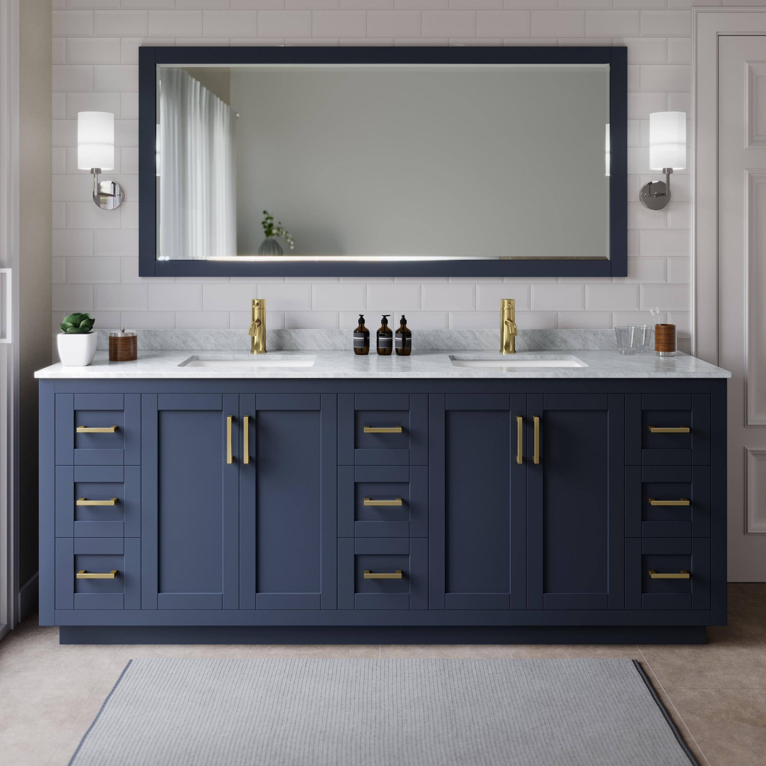 Wyndham Collection WCF292984DBLCMUNSMXX Miranda 84-in Dark Blue with Brushed Gold Trim Undermount Double sink Bathroom Vanity with White Carrara Marble Marble Top