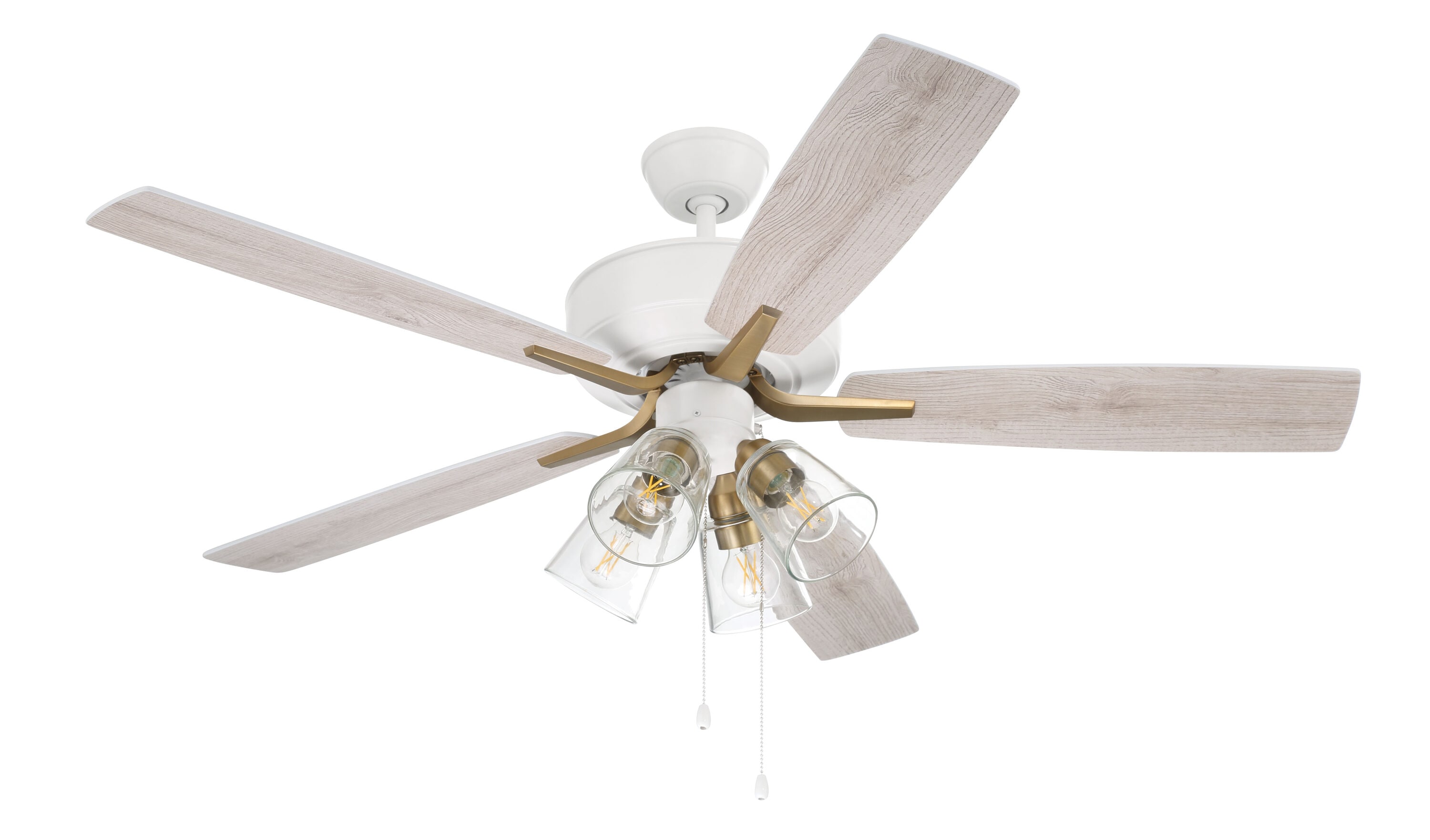 White Satin Brass 52" Ceiling Fan with Clear Glass Light