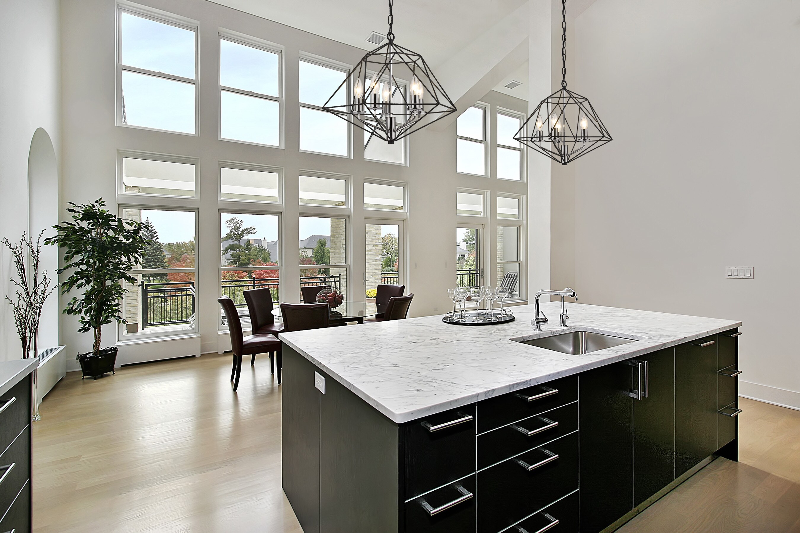 Matte Black and Chrome Geometric Cage Chandelier