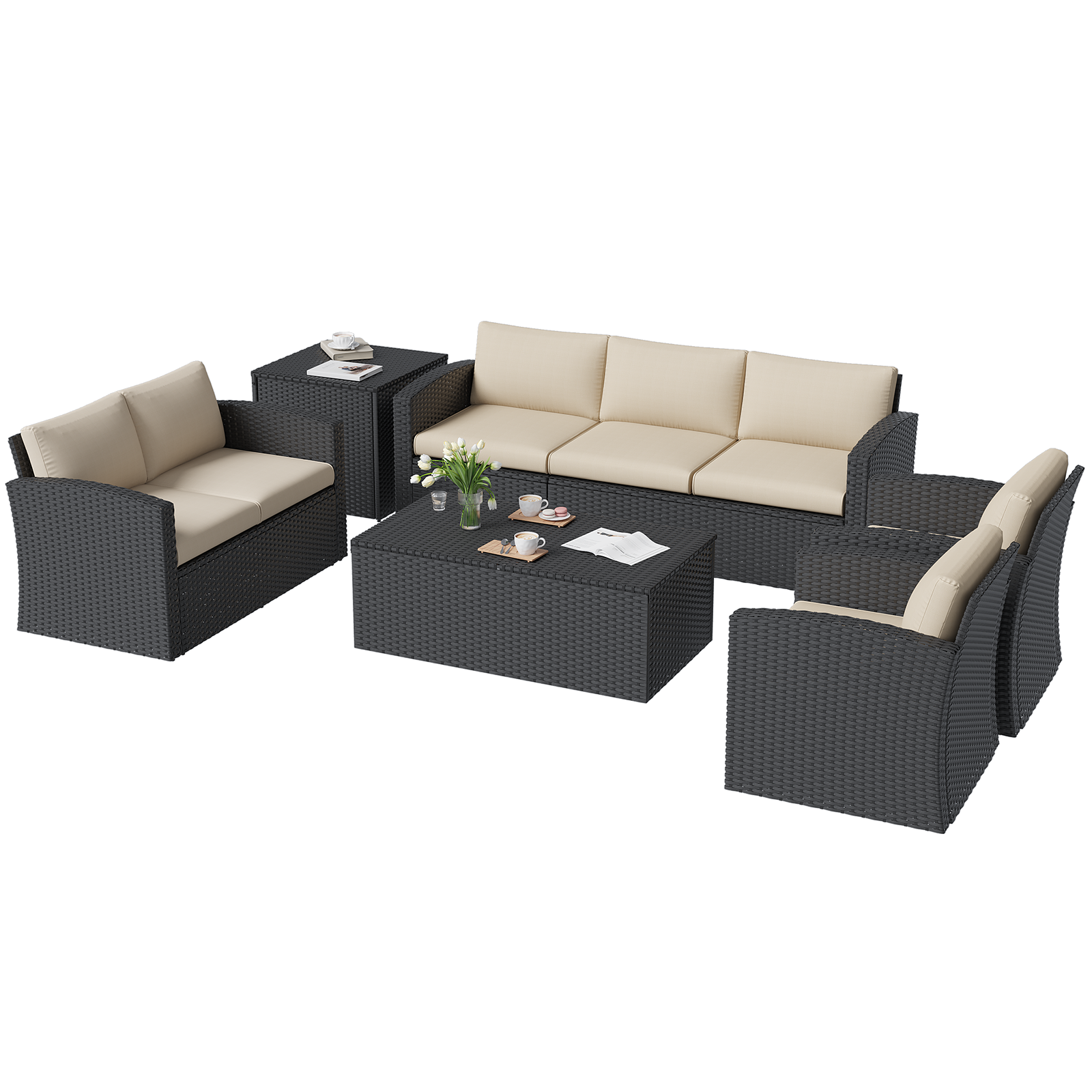 AECOJOY 16080BR-LS01 Conversation Set Outdoor Sectional with Beige Cushions and Wicker Frame