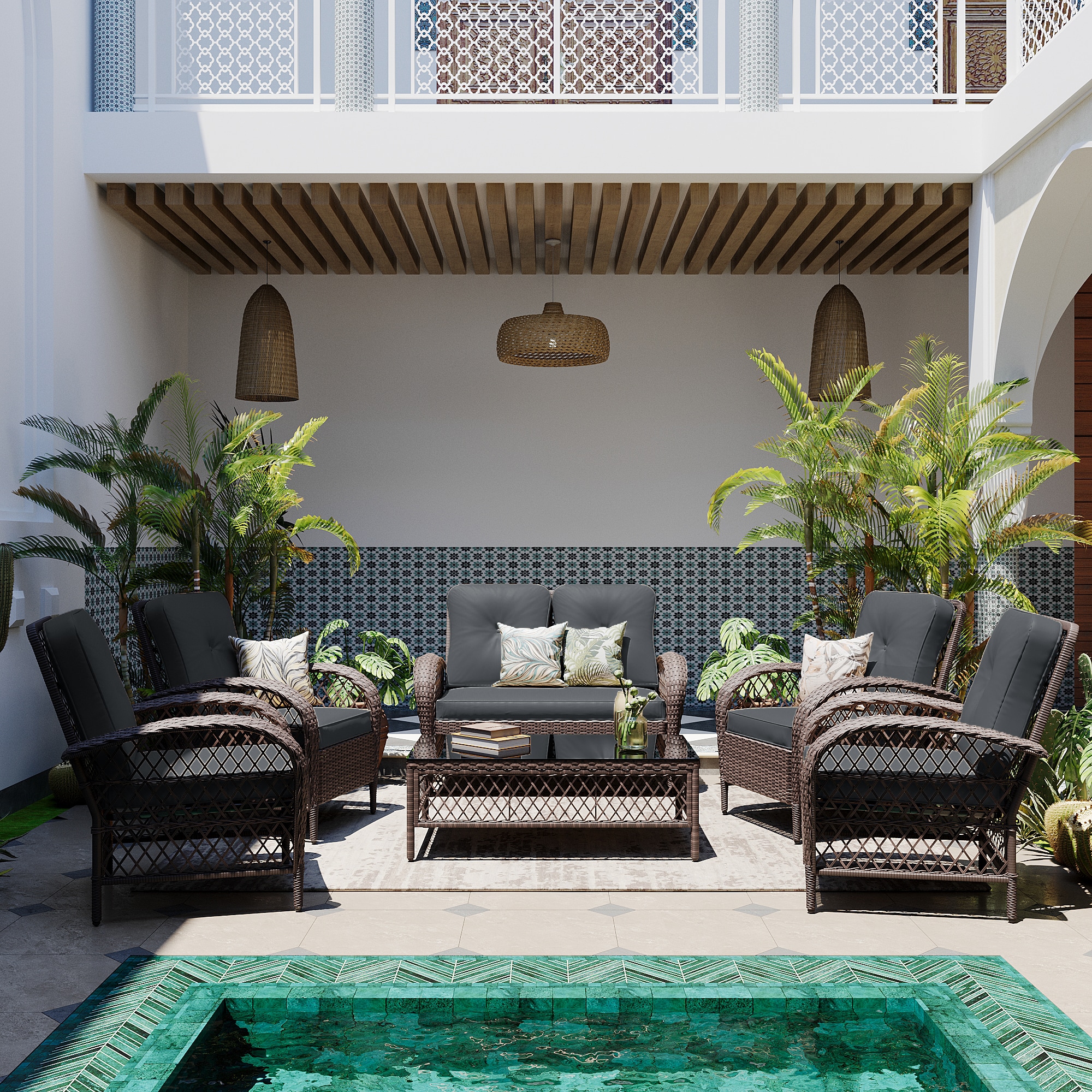 Patio Watcher LH6-B-DGRAY 6-Piece Rattan Patio Conversation Set with Gray Cushions