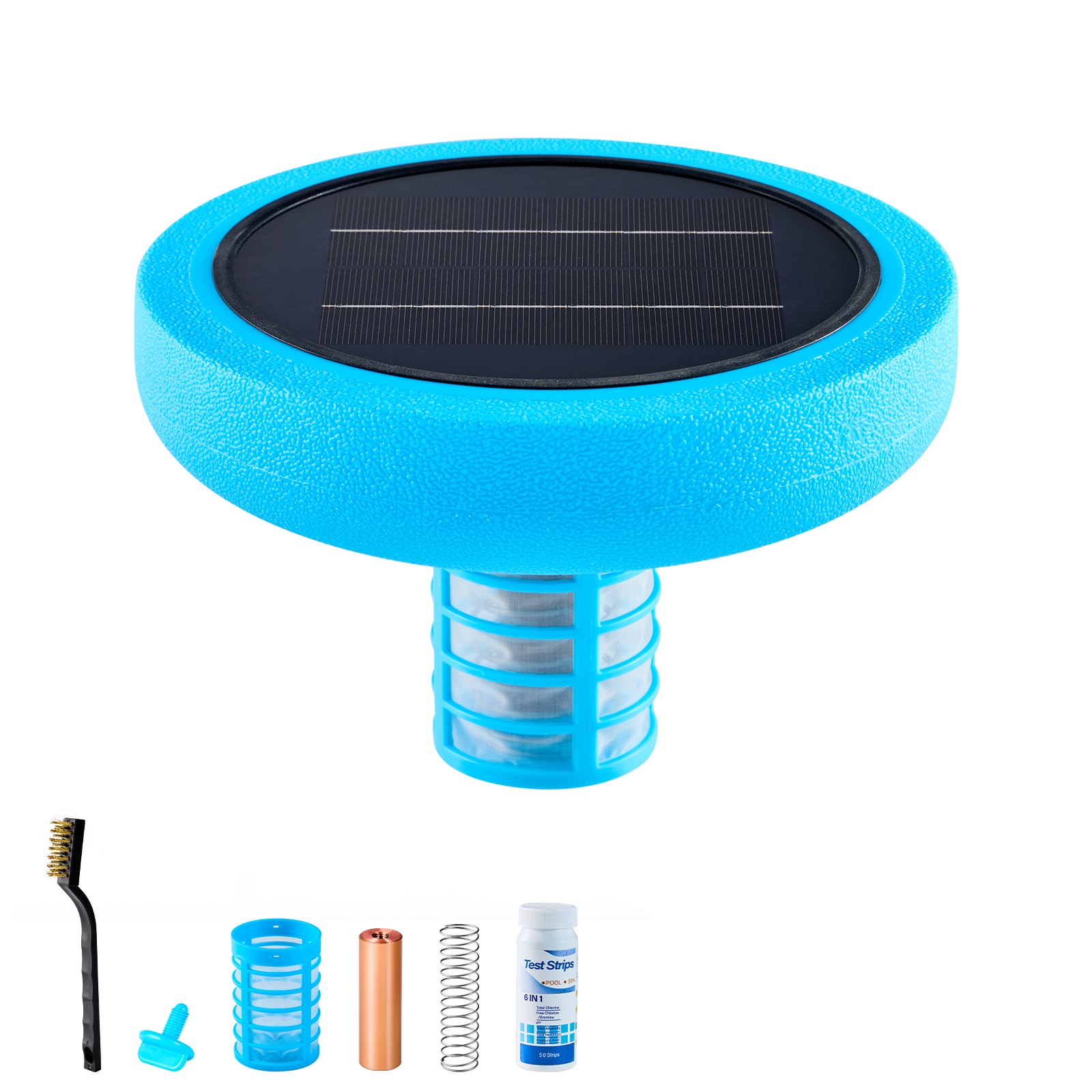 VEVOR Solar Pool Ionizer Round Copper Pool Ionizer Up to 35000 Gal Floating Automatic Water Cleaner and Purifier Chlorine Free Water with Copper Anode Spring Brush and Filter for Pools and Spas