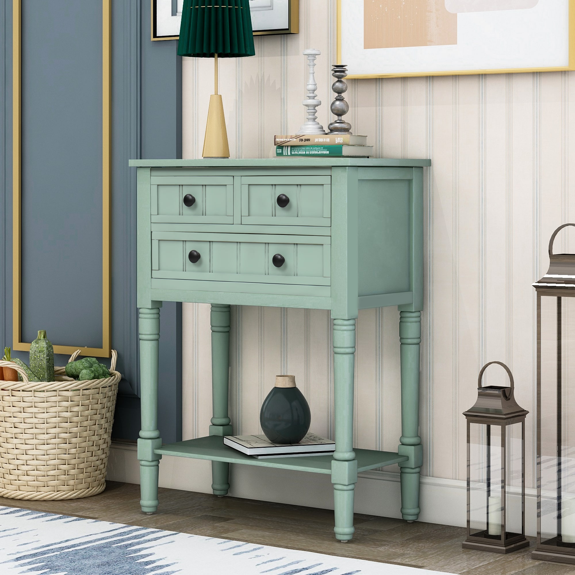 ModernLuxe WF192646AAC Narrow Console Table Slim Sofa Table with Three Storage Drawers and Bottom Shelf for Living Room Easy Assembly Retro Blue
