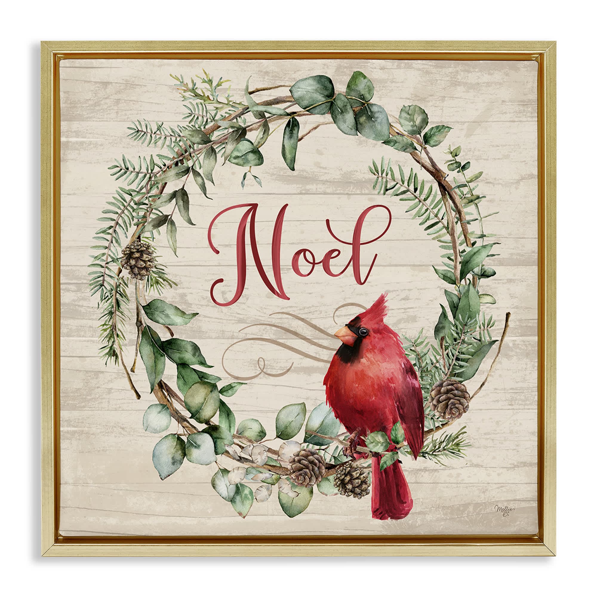 Stupell Industries BT-538-FFG-17X17 Noel Wreath with Cardinal Floating Frame design by Mollie B.