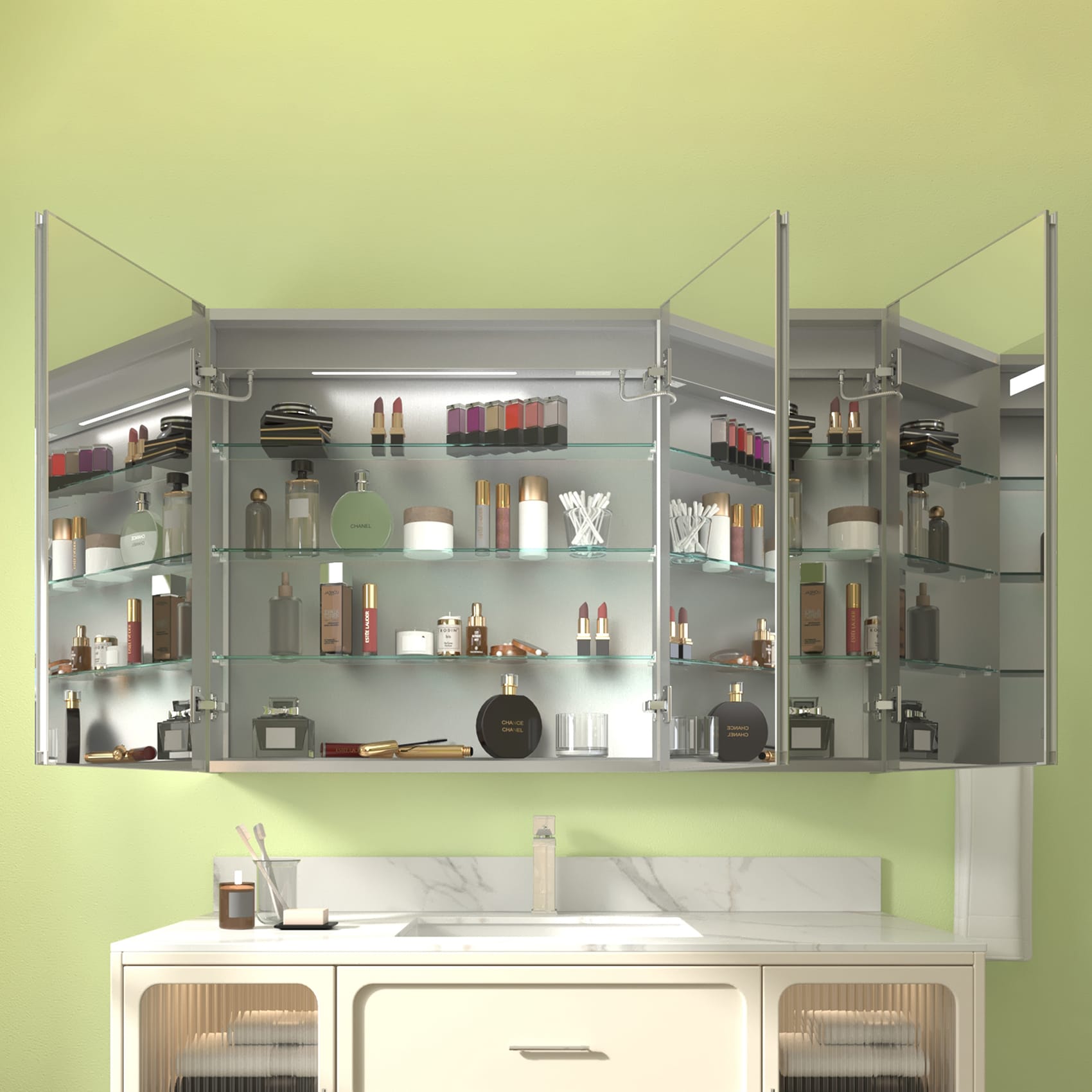 ExBrite 48-in x 32-in Lighted LED Fog Free Surface/Recessed Mount Silver Mirrored Soft Close Medicine Cabinet with Outlet