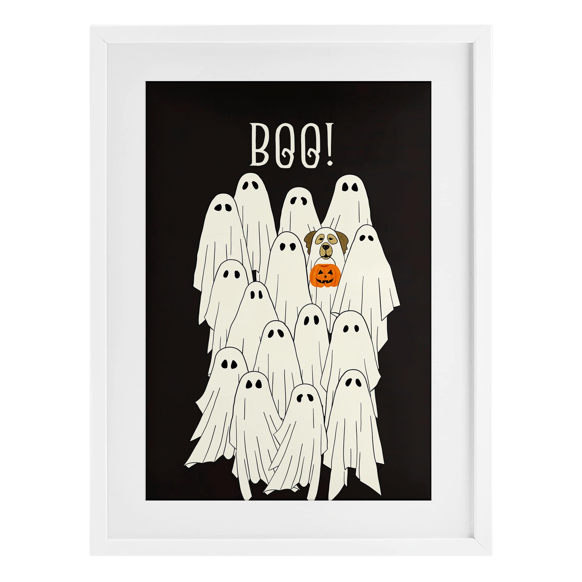 Stupell Industries BY-725-MFW-17X23 Boo Ghosts with Dog Costume White Framed Print Under Glass 17 x 23