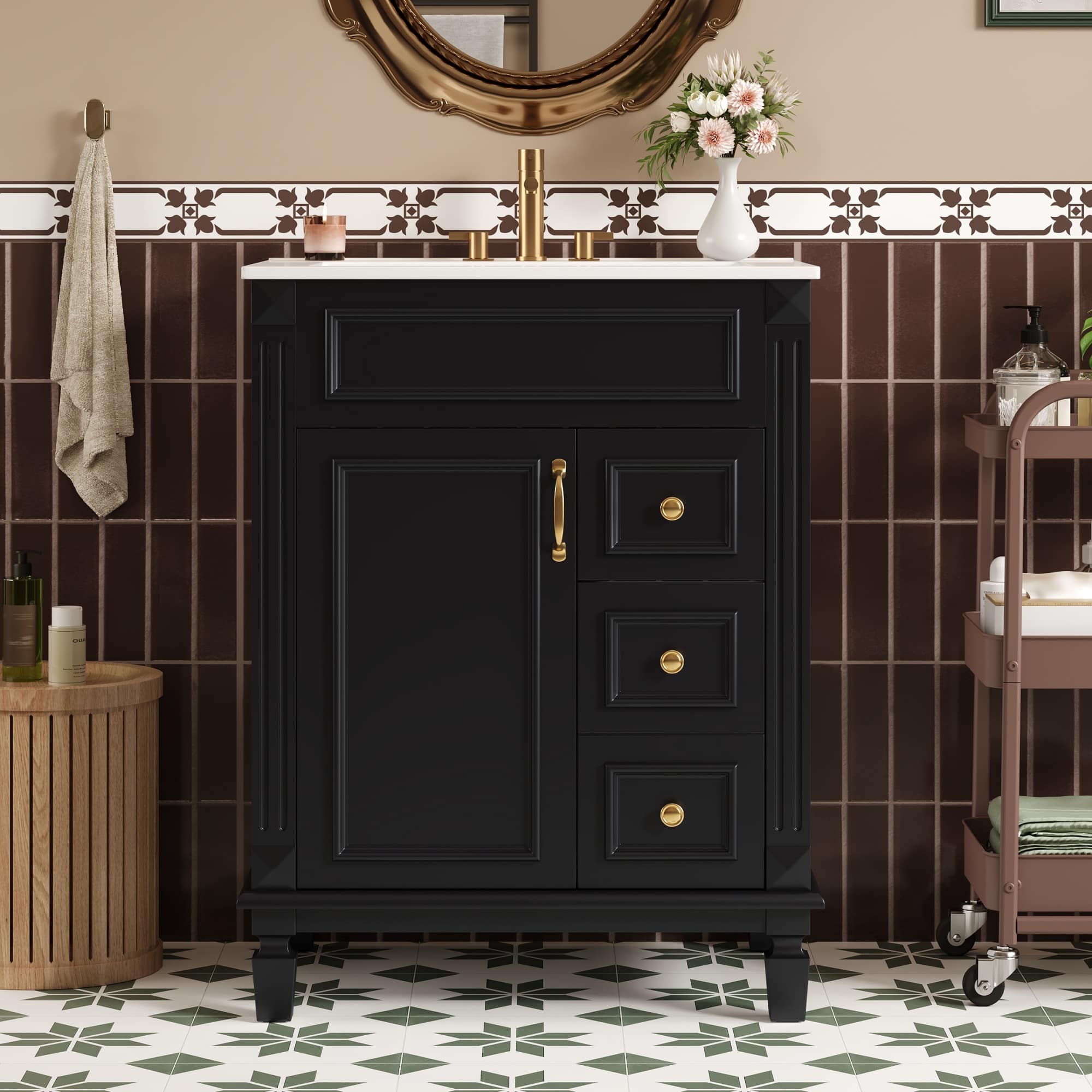 JCFL VANTP906-13 24in Black Bathroom Vanity with Ceramic Sink Small Bathroom Sink Cabinet with 2 Drawers and Adjustable Shelf