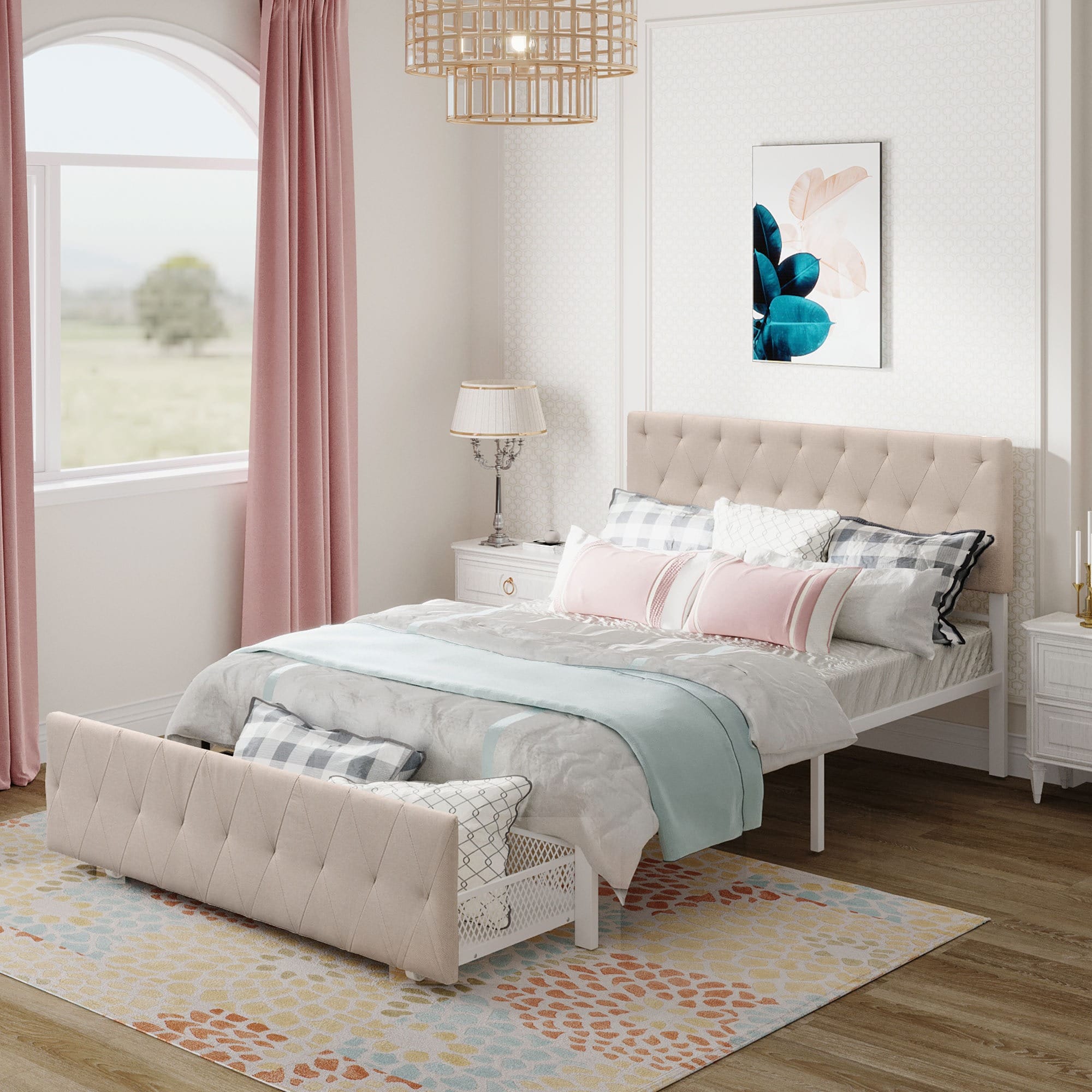 JASMODER WF212444AAA Beige Full Composite Platform Bed with Storage