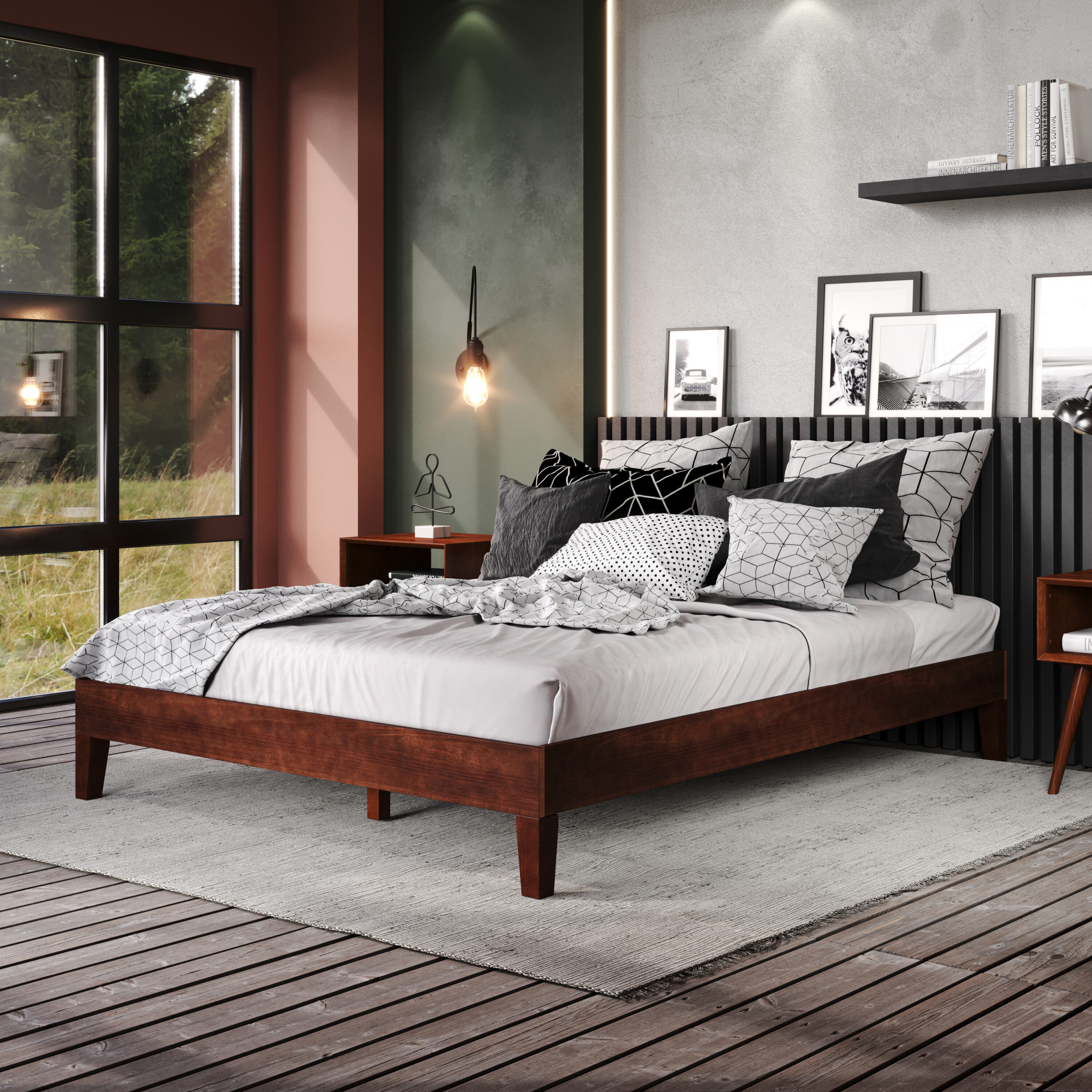 Natural Pine Queen Platform Bed with Slats and Drawer