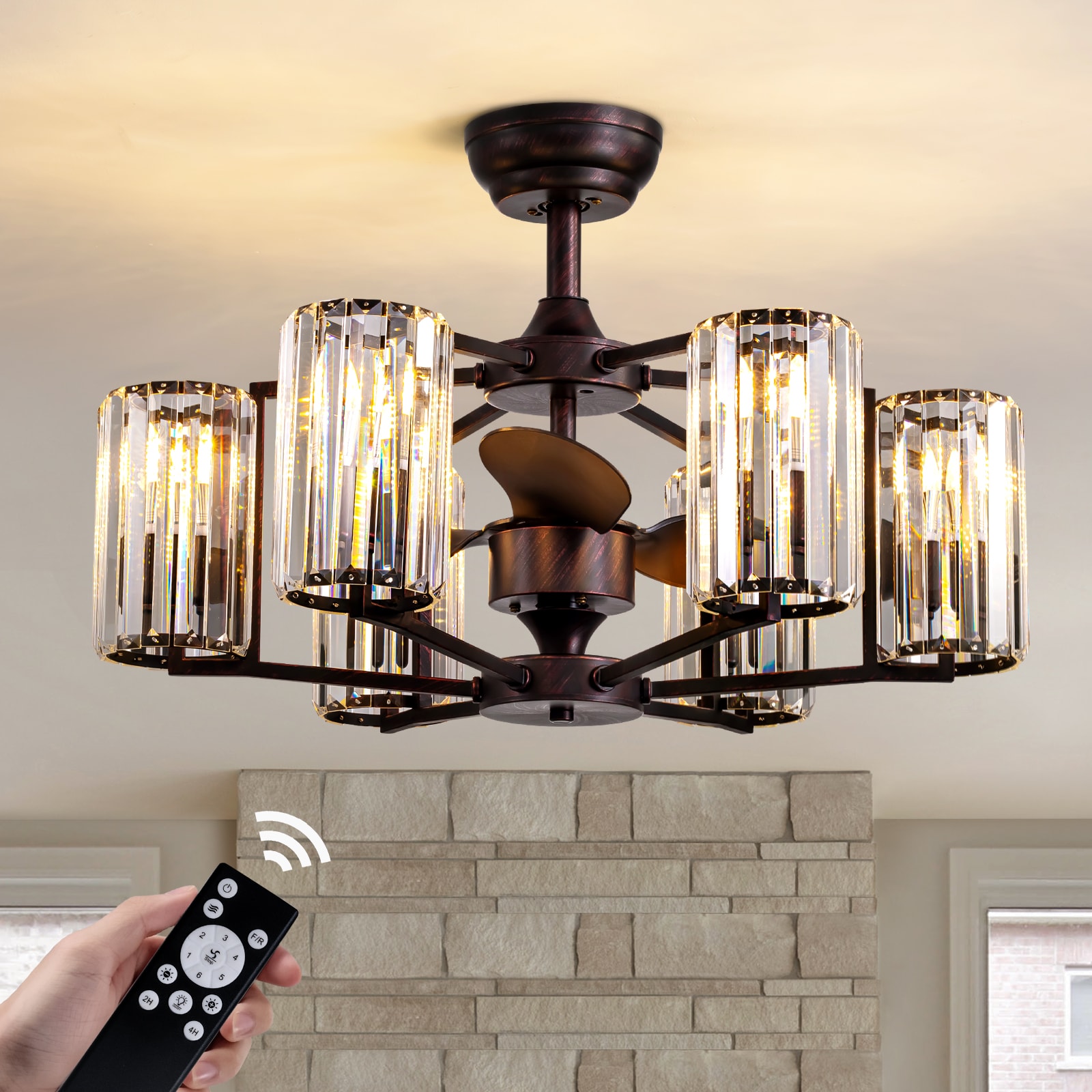 WDETR 26in Crystal Chandelier Ceiling Fan 6-Light Vintage Flush Mounted Fandelier Reddish Brown Ceiling Fans with Lights and Remote for Bedroom Dining Living Room Kitchen Farmhouse Entry