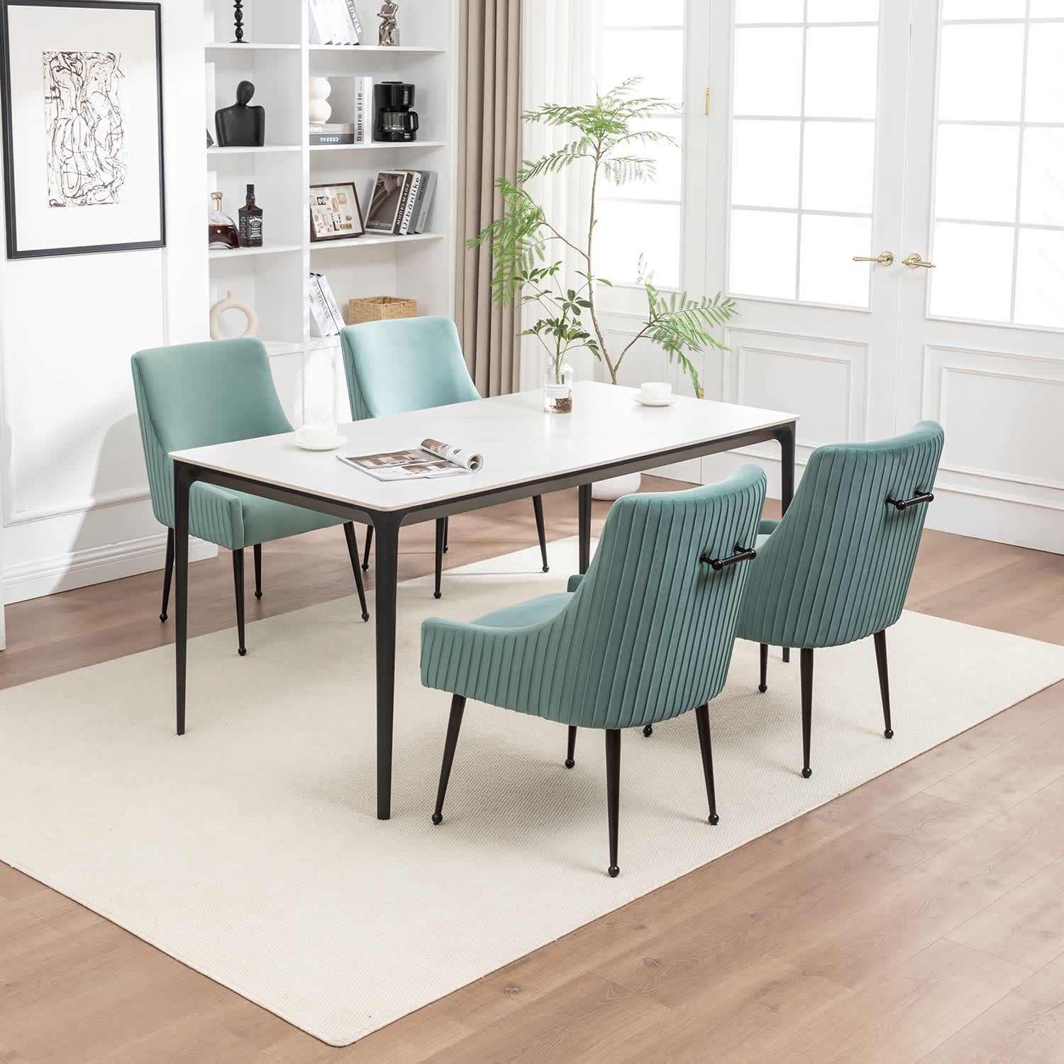 SEYNAR XY784-GREEN-S4 Modern Glam Velvet Black Metal Legs Dining Chair or Vanity Chair Set of 4 with Rear Handle