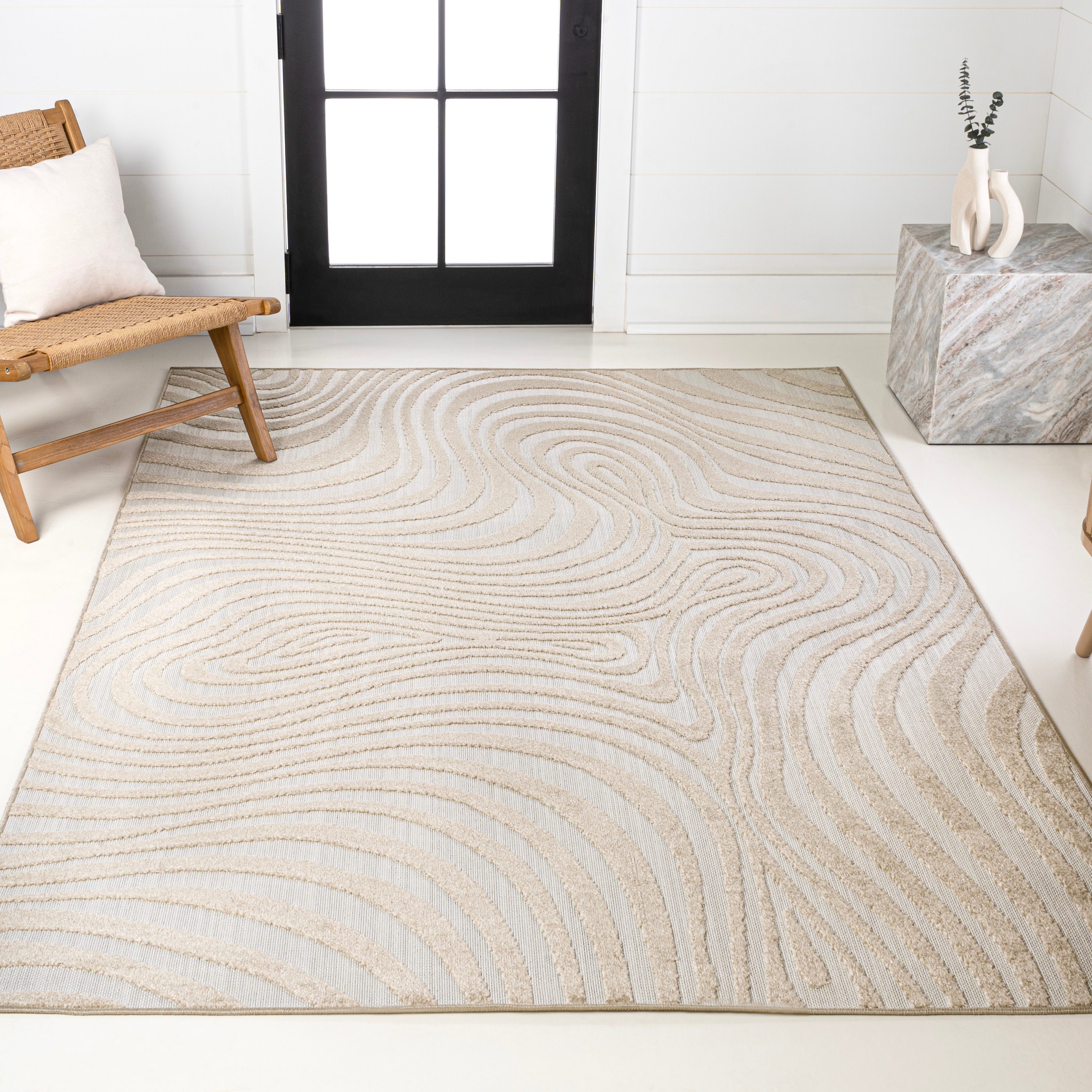 JONATHAN  Y SCN103D-4 SCANDINAVIAN Maribo High-Low Groovy 4 x 6 (ft) Loomed Polypropylene Beige/Cream Rectangular Indoor/Outdoor Stripe Bohemian/Eclectic Area rug