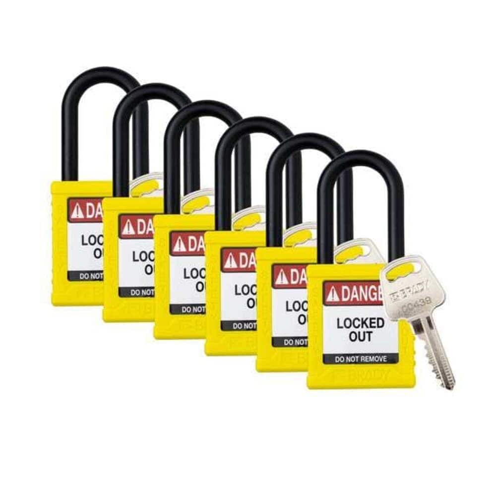 Brady  Padlock Keyed Different Nylon Yellow 1 1/2 in Shackle Height 1 1/2 in Body Width 6 PK