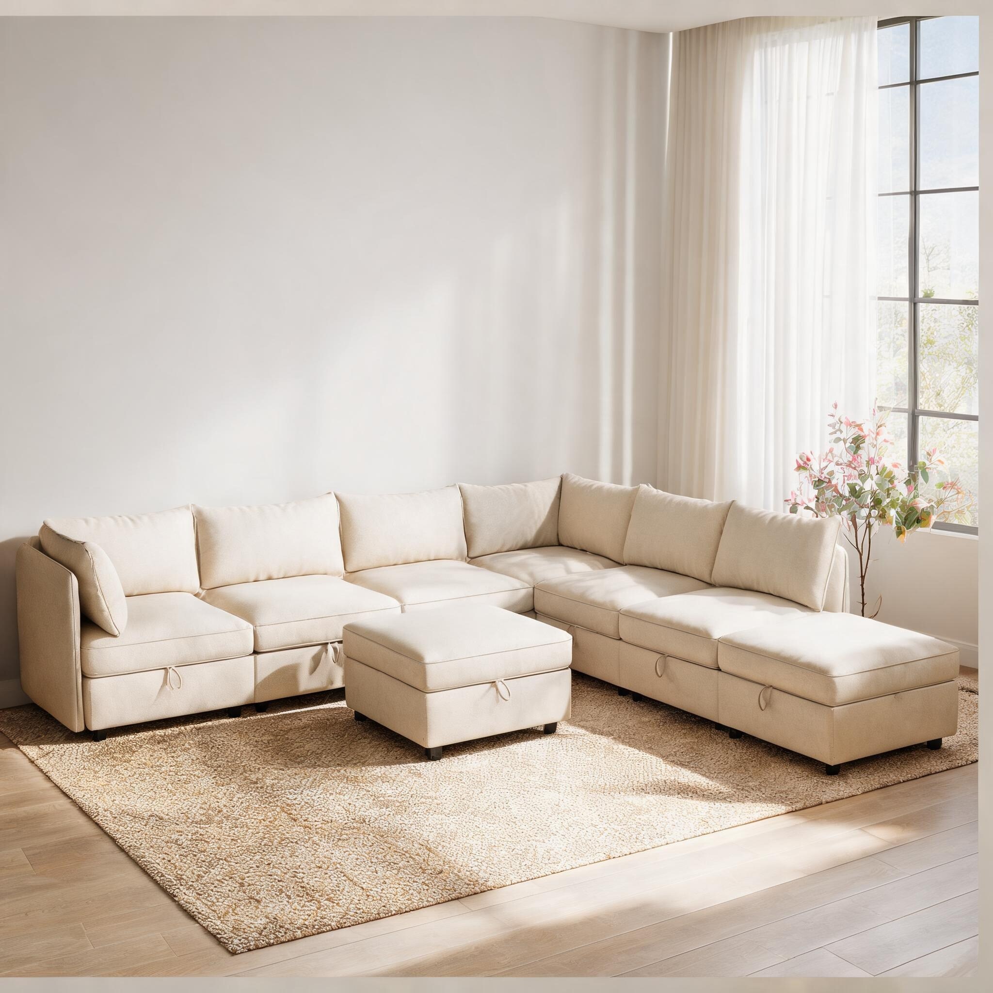 Modular Sectional Sofa with Storage in Neutral Beige Chenille Convertible Sleeper Set for Living Room