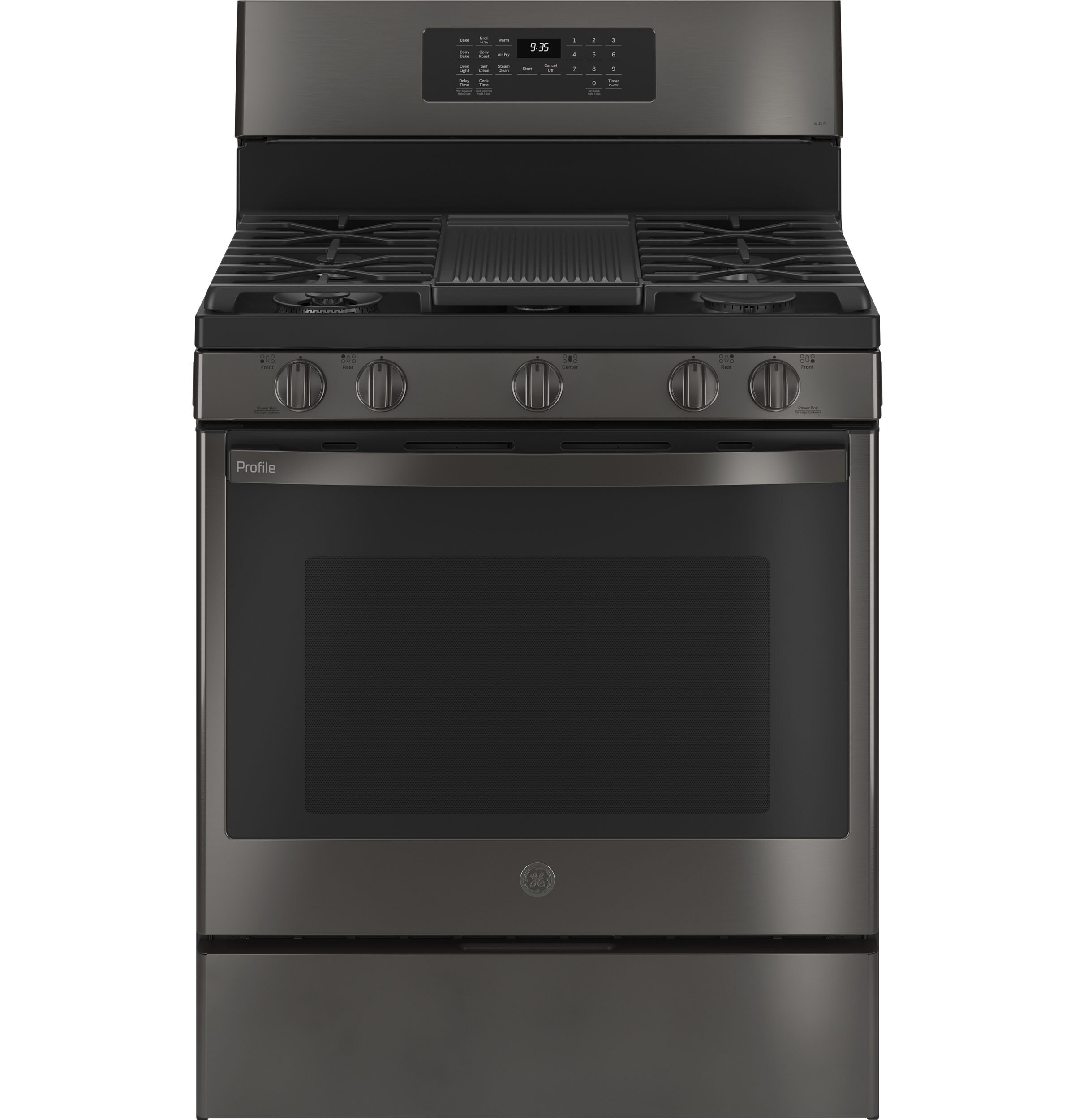 GE Profile 30-Inch 5 Burner 5.6 Cu Ft Self-Cleaning Air Fryer Convection  Oven Slide-In Gas Range PGS930YPFS