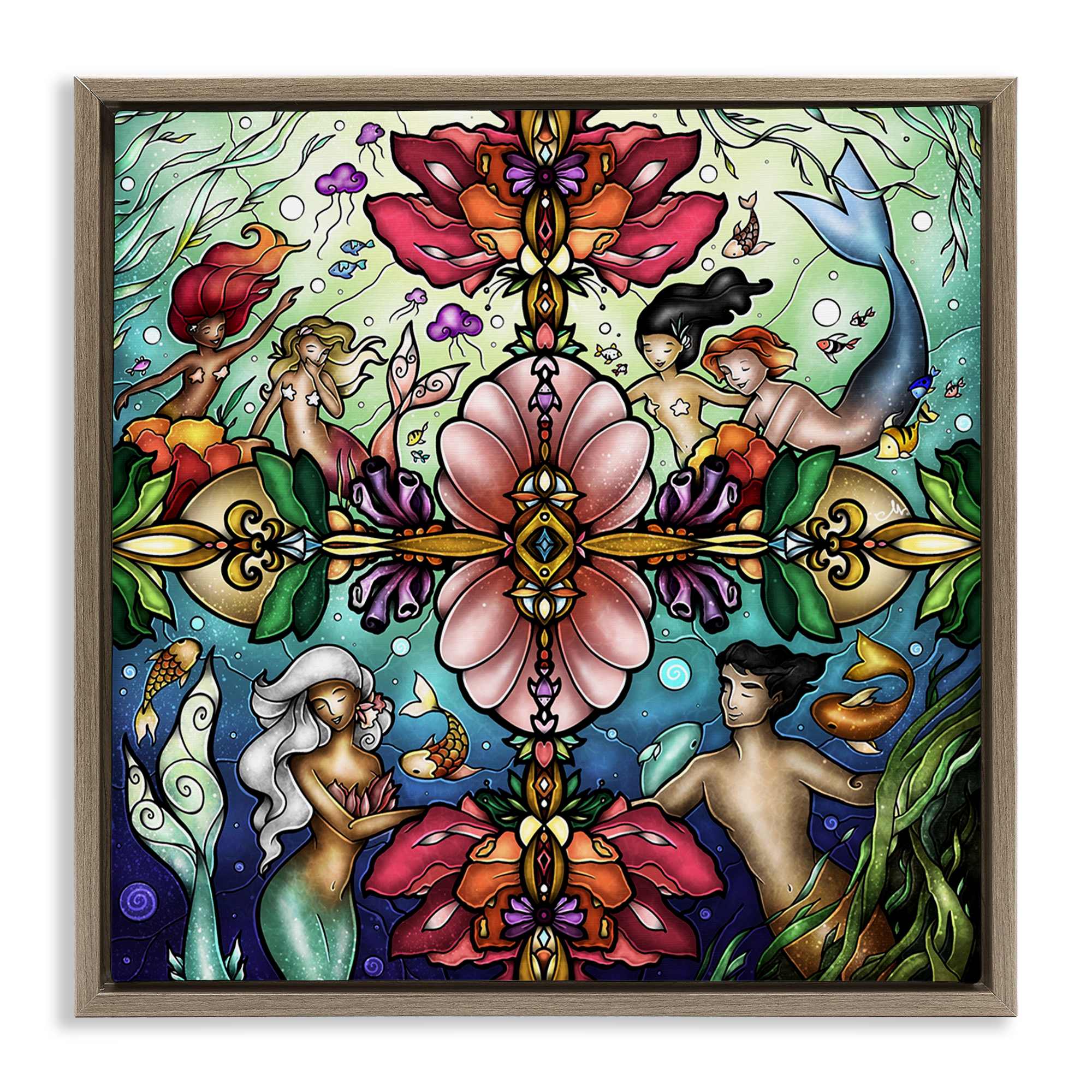 Stupell Industries BS-984-FFE-24X24 Detailed Stain Glass Style Mermaids Brown Framed Floater Canvas Wall Art By Mandie Manzano 25 x 25