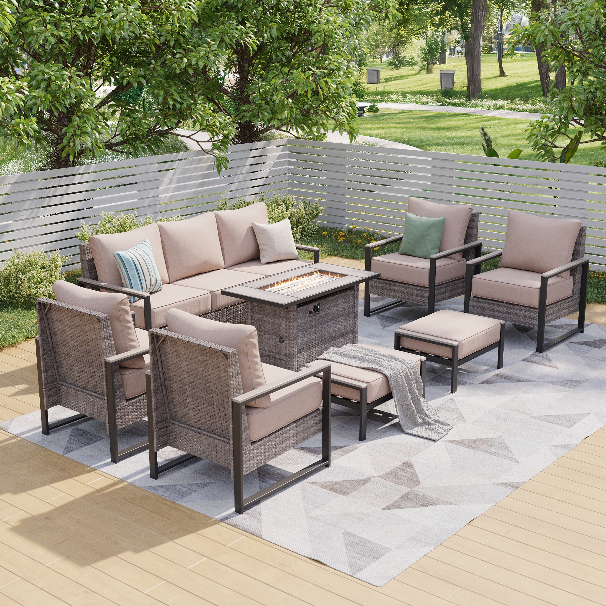 ACEGOSES LW-PS-148HSD-S2T5 Skytop 8 -Piece Wicker Patio Sofa Conversation Set with Beige Cushions
