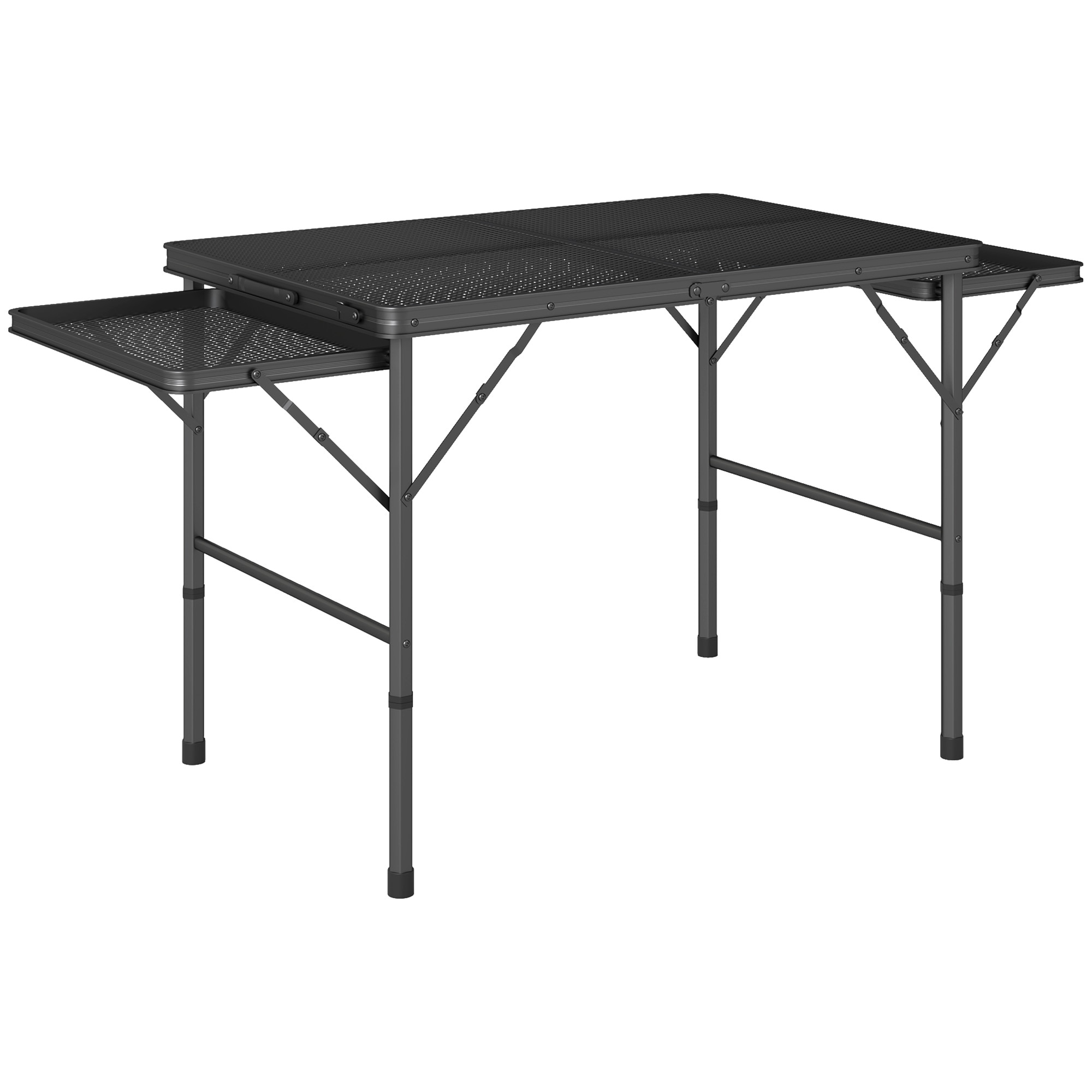 Outsunny A20-504V00BK Folding Grill Table 4.5 ft Portable Camping Table with 2 Wing Panels Height Adjustable Metal Outdoor Table with Mesh Desktop for Picnic Beach BBQ Party Black