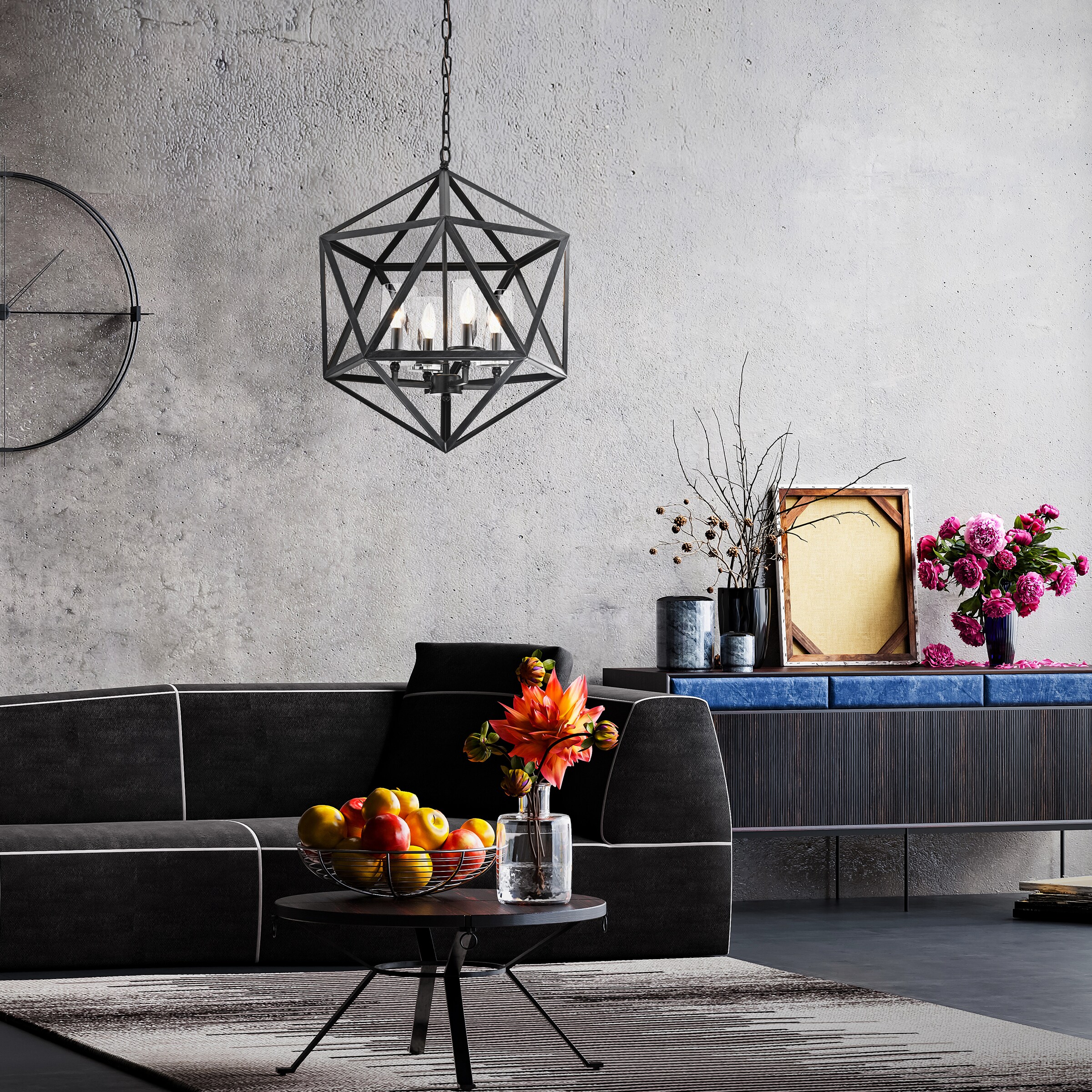 Antique Black Geometric Cage Chandelier with Glass Shades