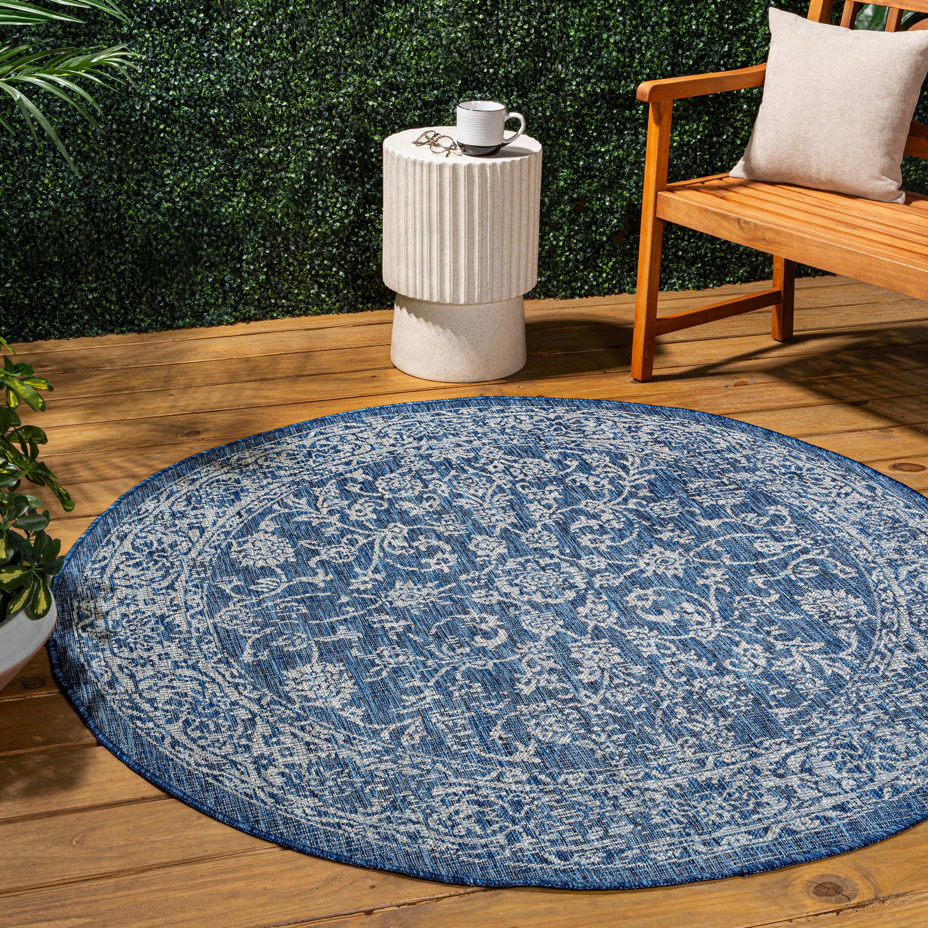 JONATHAN  Y SMB100B-9R SANTA MONICA Tela Bohemian Textured Weave Floral 9 x 9 (ft) Polypropylene Navy/Gray Round Indoor Medallion Bohemian/Eclectic Area rug