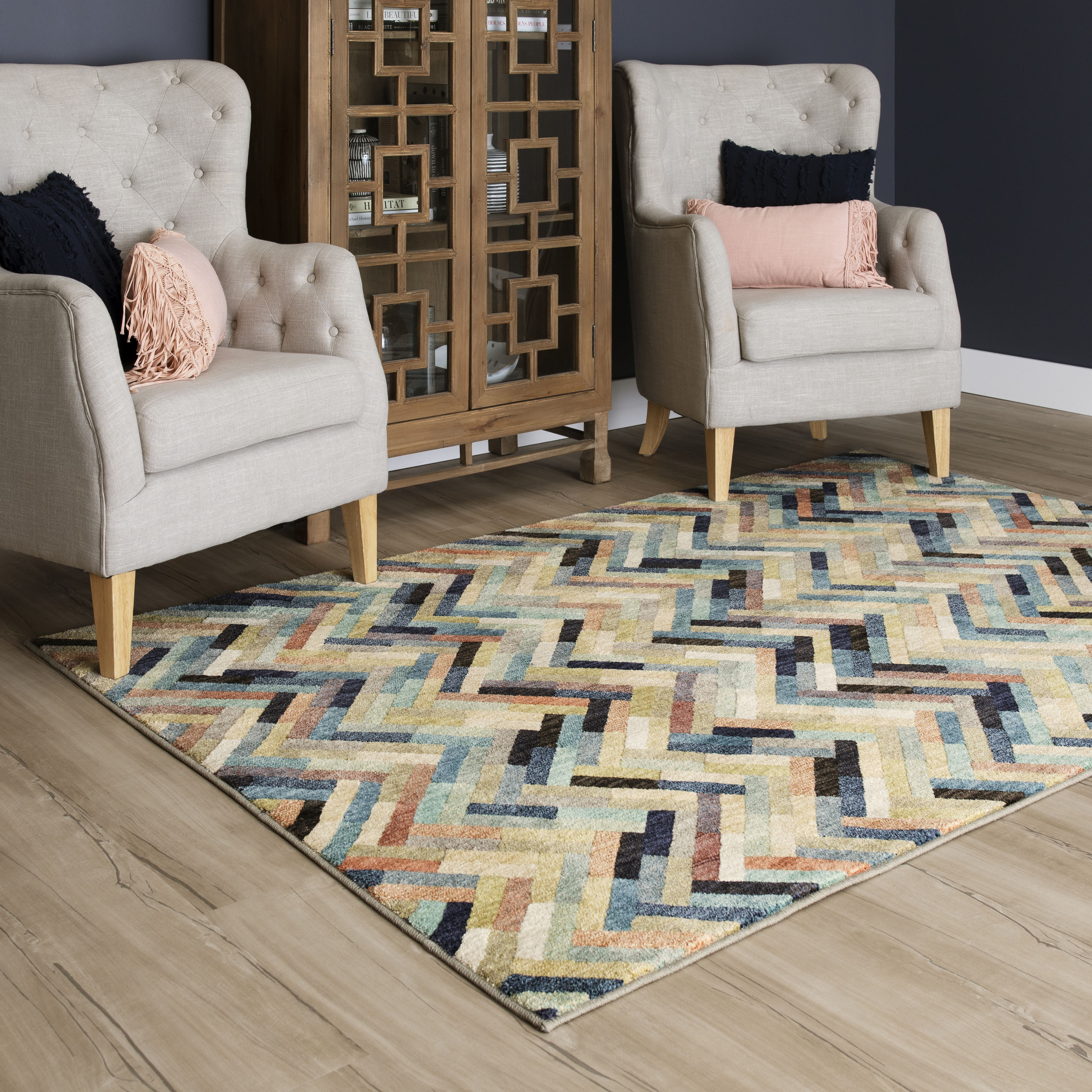 Mohawk Home Cascade Heights 5 x 8 (ft) Woven Polyester Blue Rectangular Indoor Stripe Mid-Century Modern Area rug
