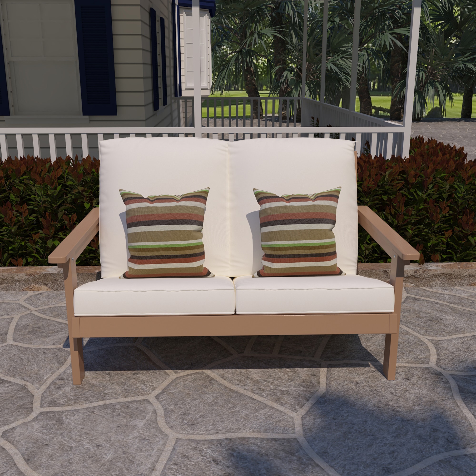 Clihome WSCL-JK02 All-weather Patio Chair Brown Plastic Frame Stationary Adirondack Chair with Off-white OLEFIN FABRIC Cushioned Seat
