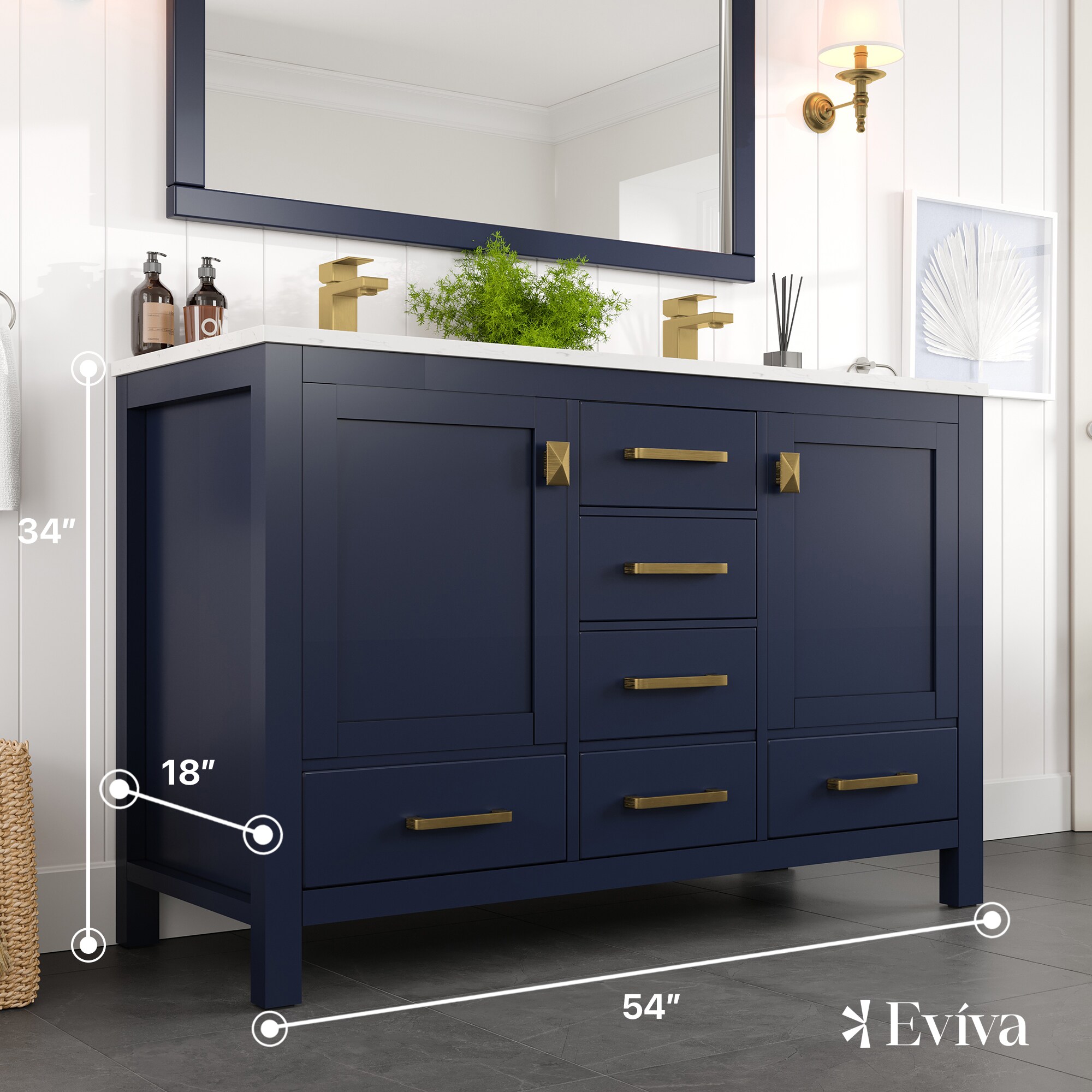 London 54" Blue Solid Wood Double Sink Bathroom Vanity with Quartz Top