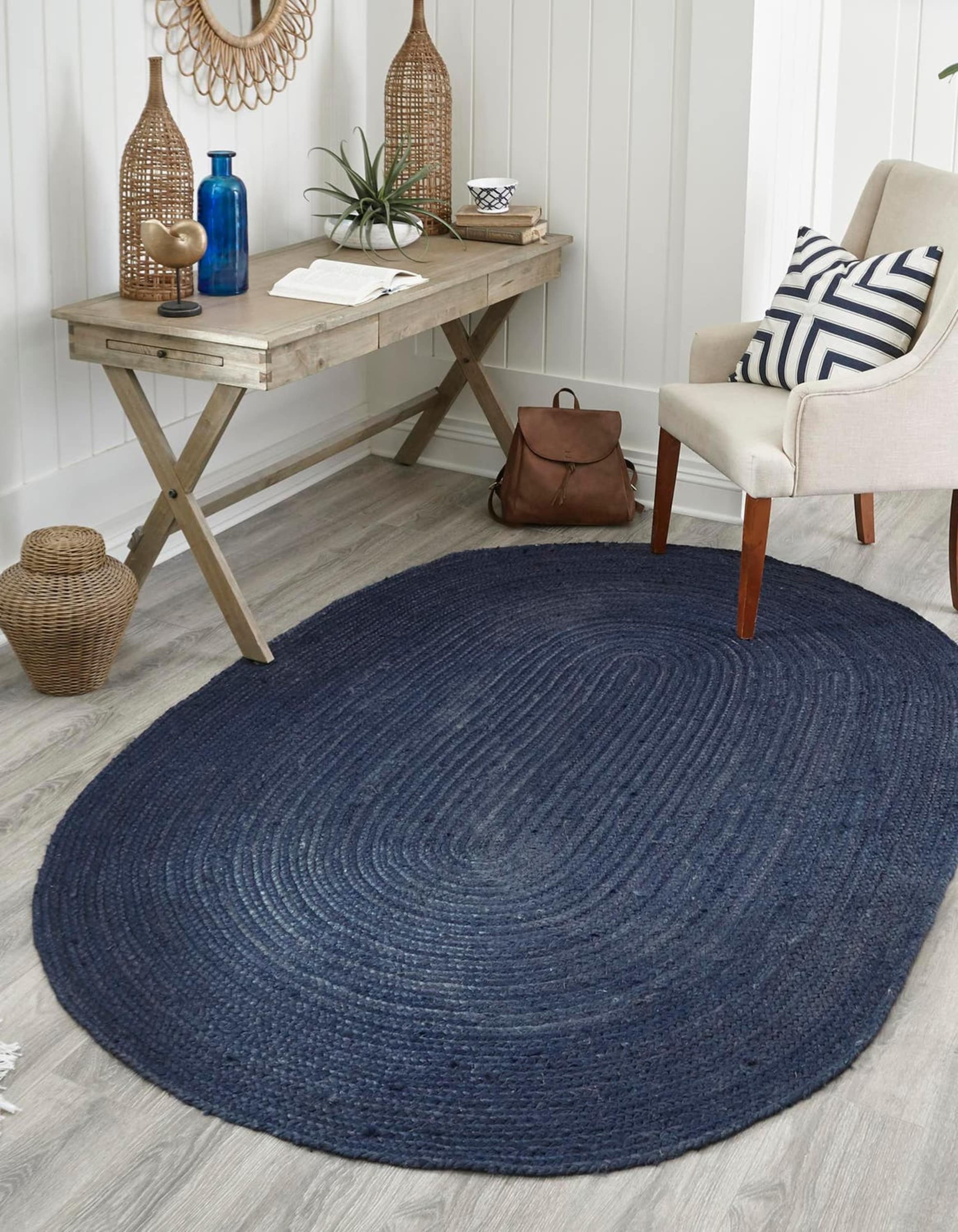 Unique Loom 3153092 Braided Jute 8 x 10 (ft) Braided Jute Navy Blue Oval Indoor Solid Area rug