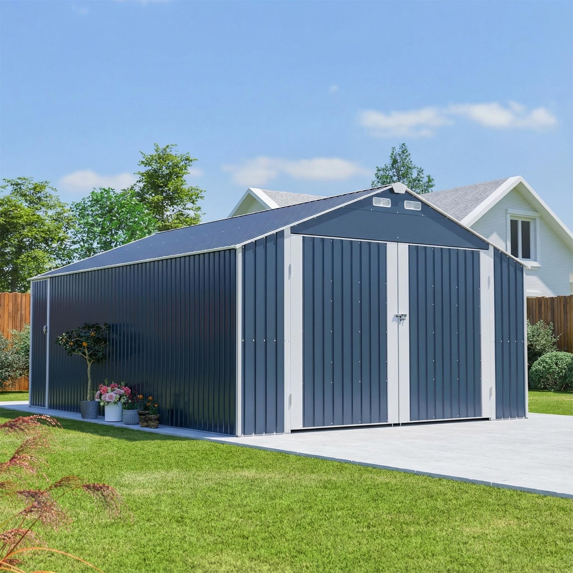 Mondawe - 12-ft x 20-ft Metal Outdoor Carports with 3 Doors Galvanized steel Metal Storage Shed