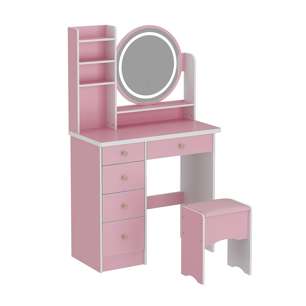  V-WFKF210095-04 Vanity Desk Set with LED Lighted Round Mirror Makeup Dressing Table with 5 Drawers Storage Shelves and Cushioned Stool for Bedroom