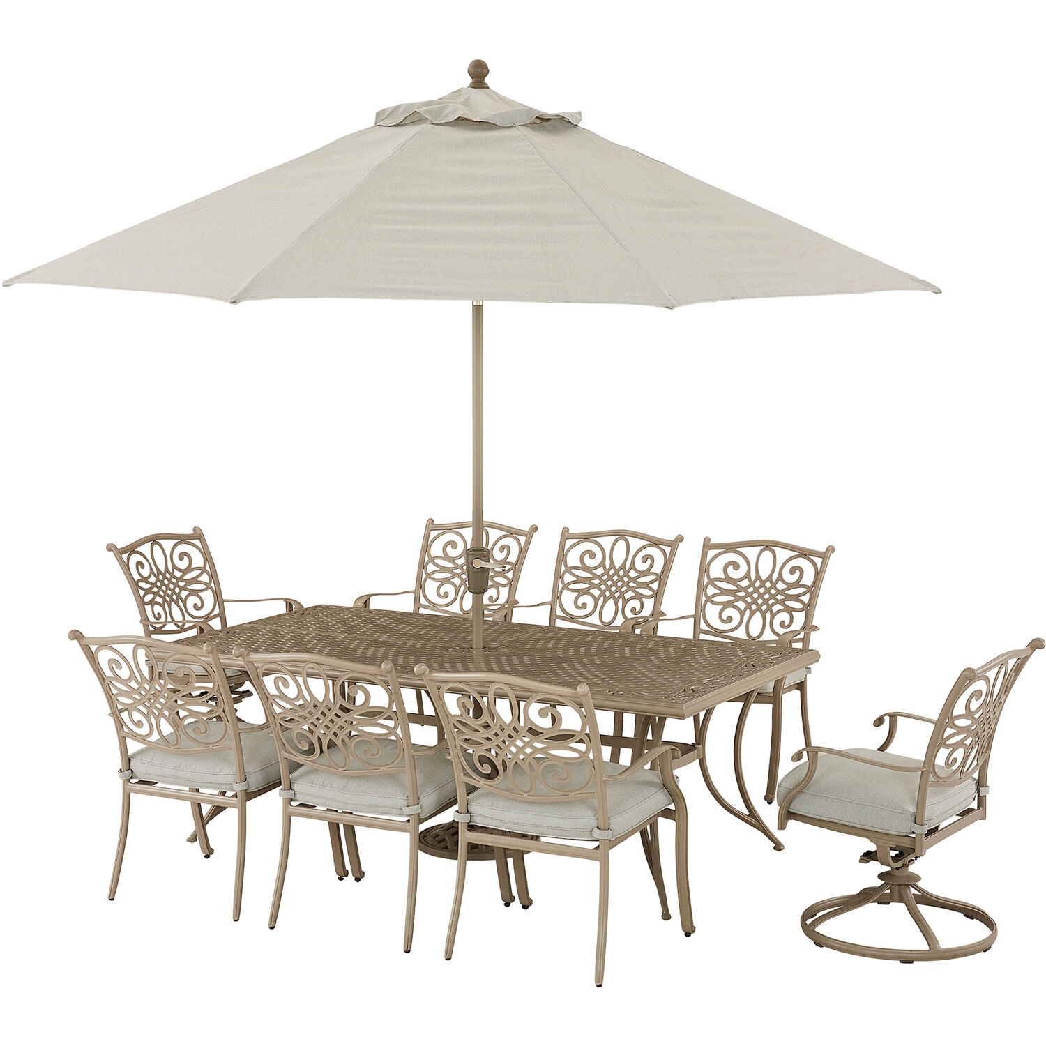 Hanover TRADDNS9PCSW2-BE-SU Traditions with Umbrella 9-Piece Tan Patio Dining Set Aluminum Rectangle Table with 8 Tan Cushions Stationary Chairs